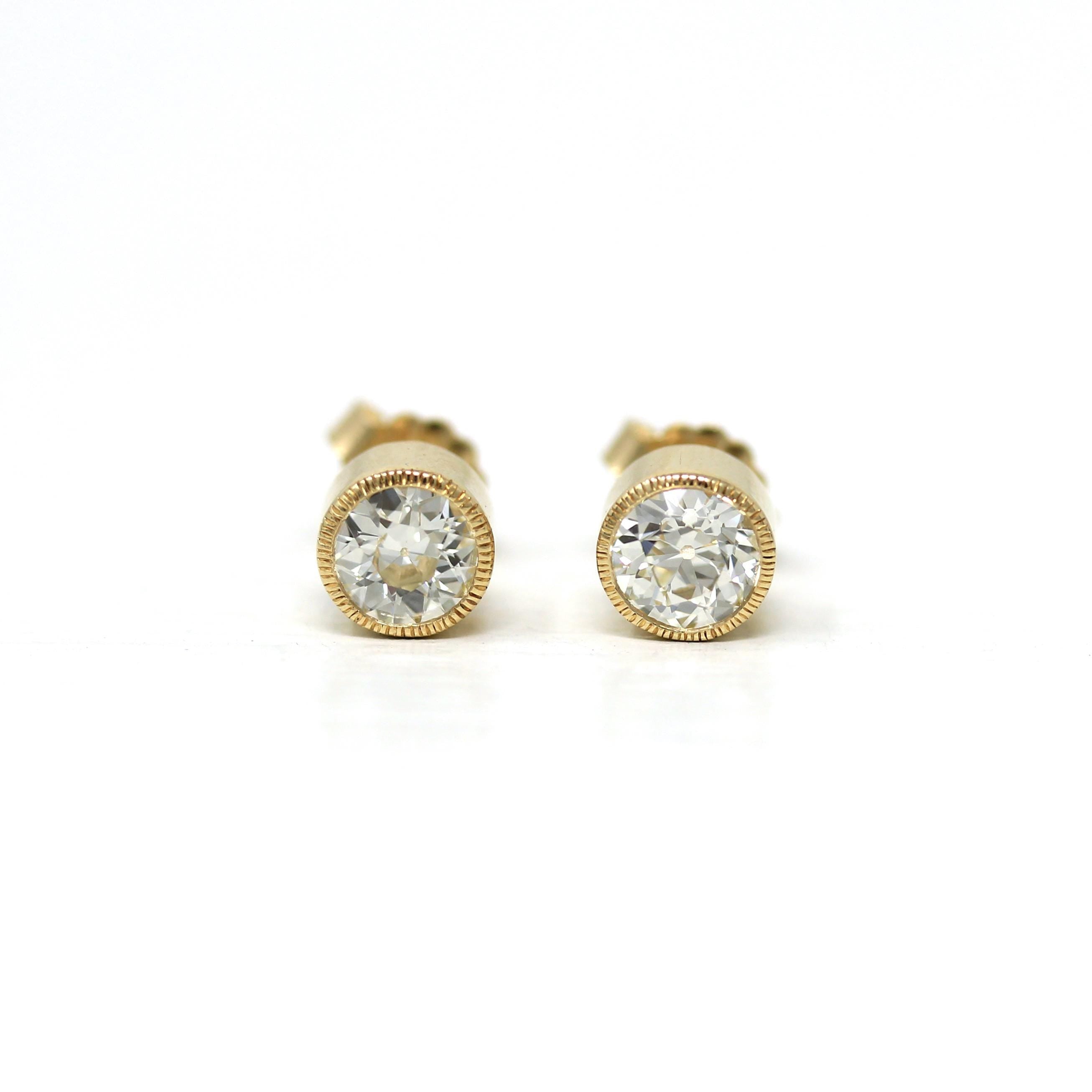 Antique Diamond Earrings - Custom 14k Yellow Gold 1.18 CTW L Color VS1 Clarity Natural Old European Cuts - Bezel Stud Fine Diamond Jewelry