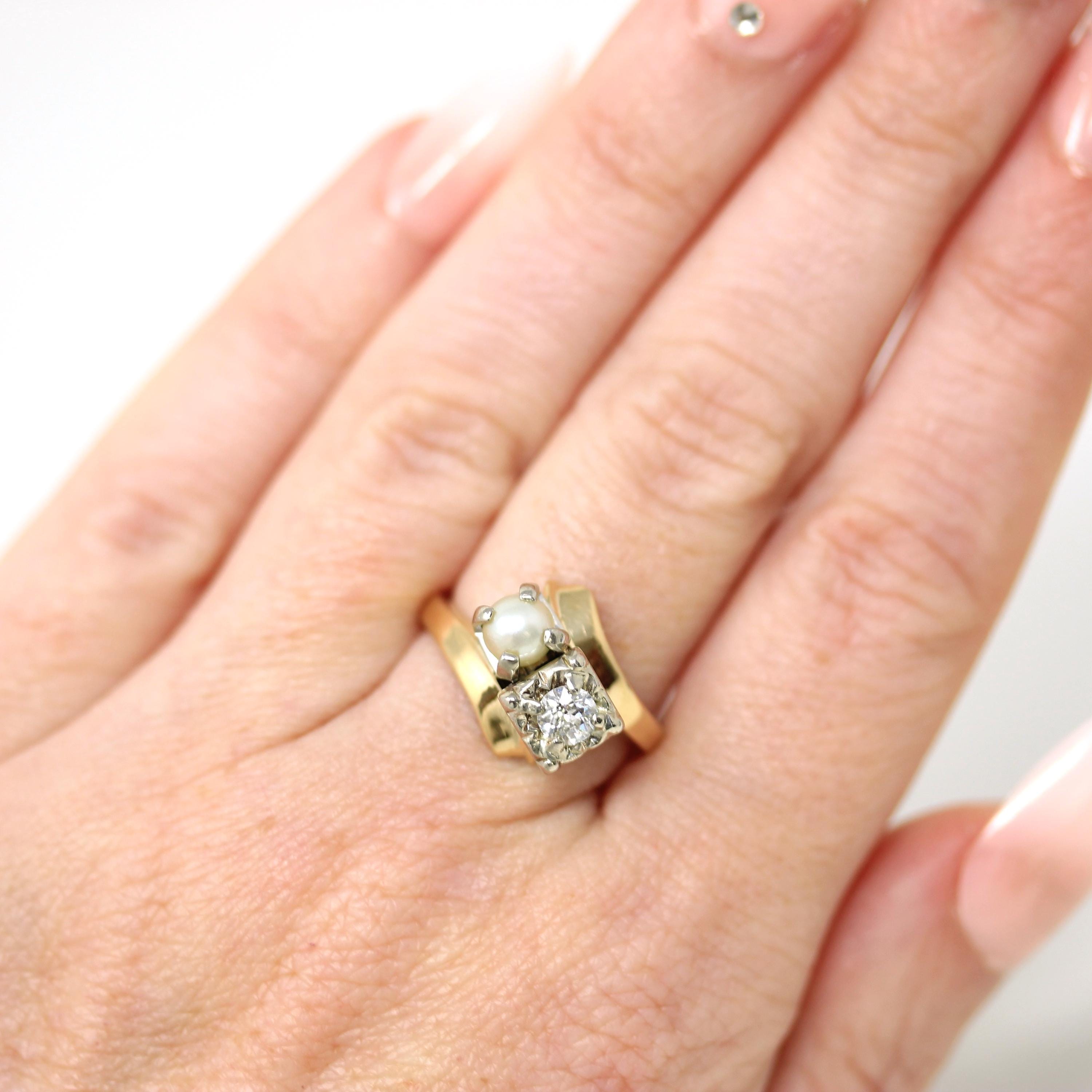 Pearl & Diamond Ring - Retro 14k Two Tone Gold Two Gemstones Toi Et Moi Bypass - Vintage Circa 1940s Era Size 5 1/4 Fine Statement Jewelry