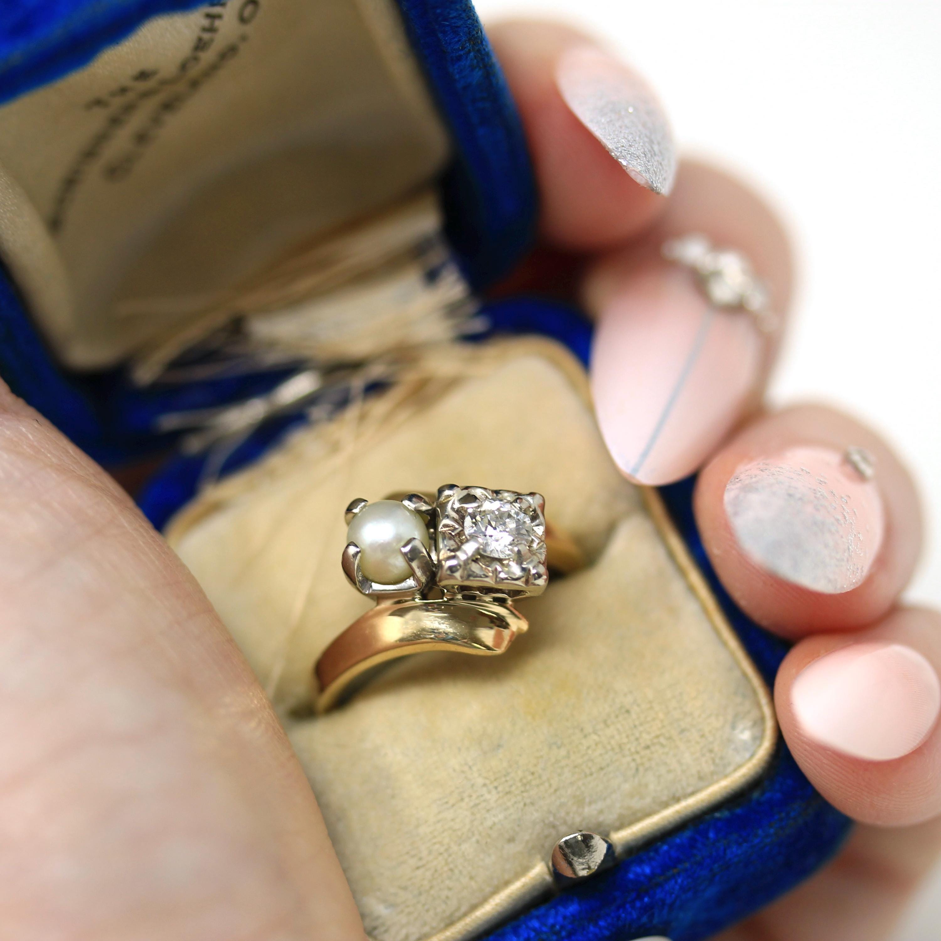 Pearl & Diamond Ring - Retro 14k Two Tone Gold Two Gemstones Toi Et Moi Bypass - Vintage Circa 1940s Era Size 5 1/4 Fine Statement Jewelry