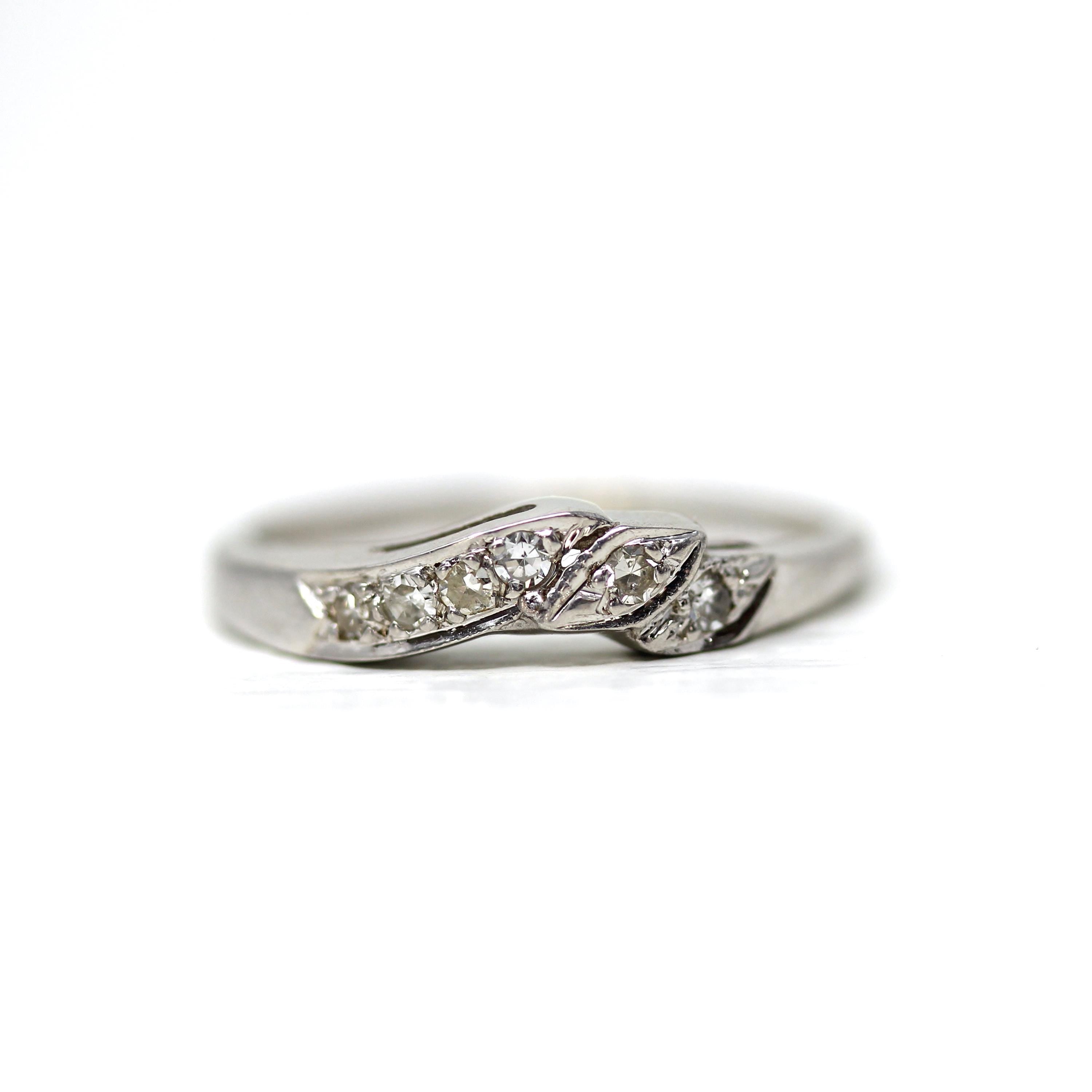 Vintage Wedding Band - Mid Century 14k White Gold 0.12 CTW Six Round Single Cut Diamond Ring - Circa 1950s Size 7 Fine Bridal Jewelry