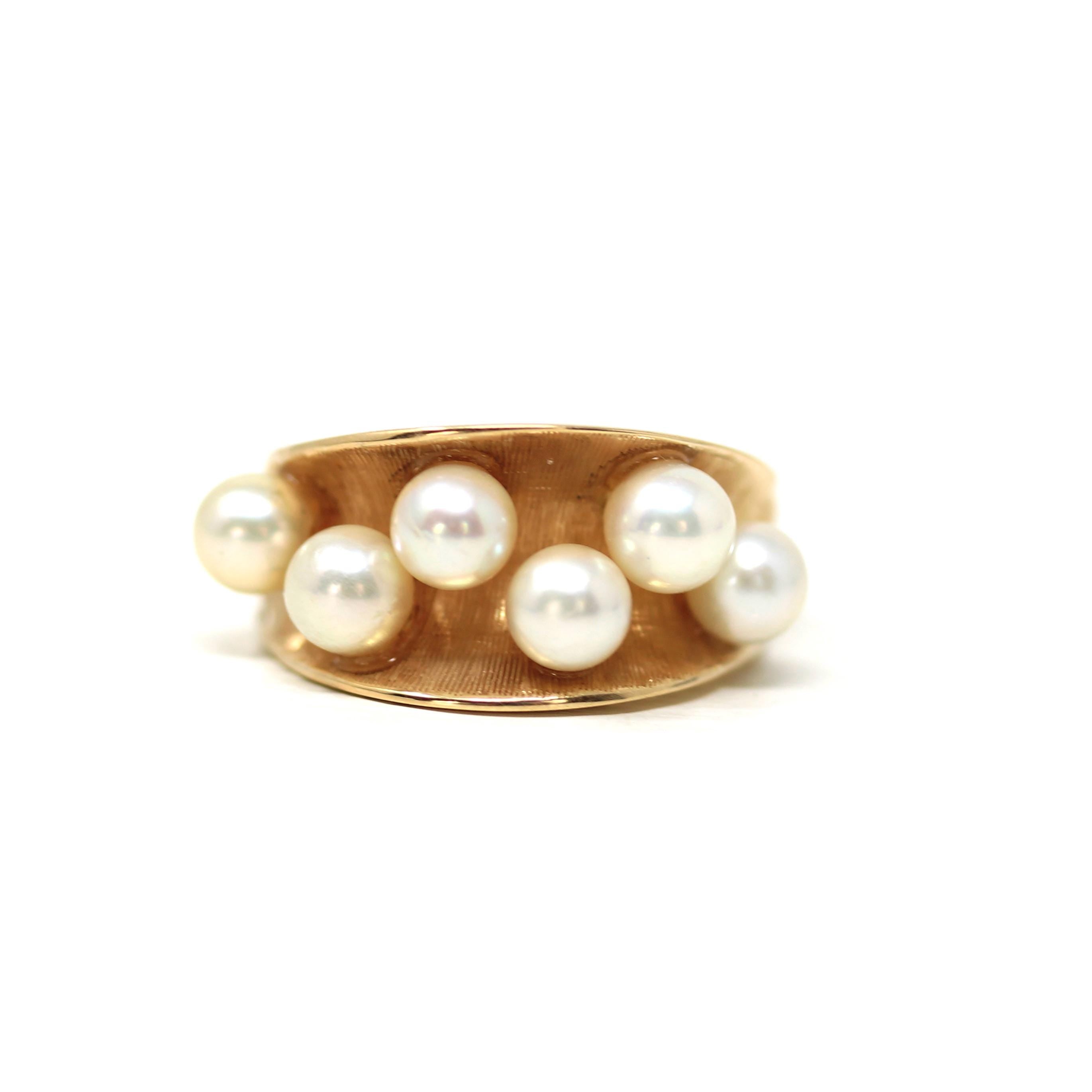 Retro Cultured Pearl Ring - Vintage 14k Yellow Gold Genuine Gemstones - Circa 1970s Era Size 6 3/4 June Birthstone Fine Statement Jewelry