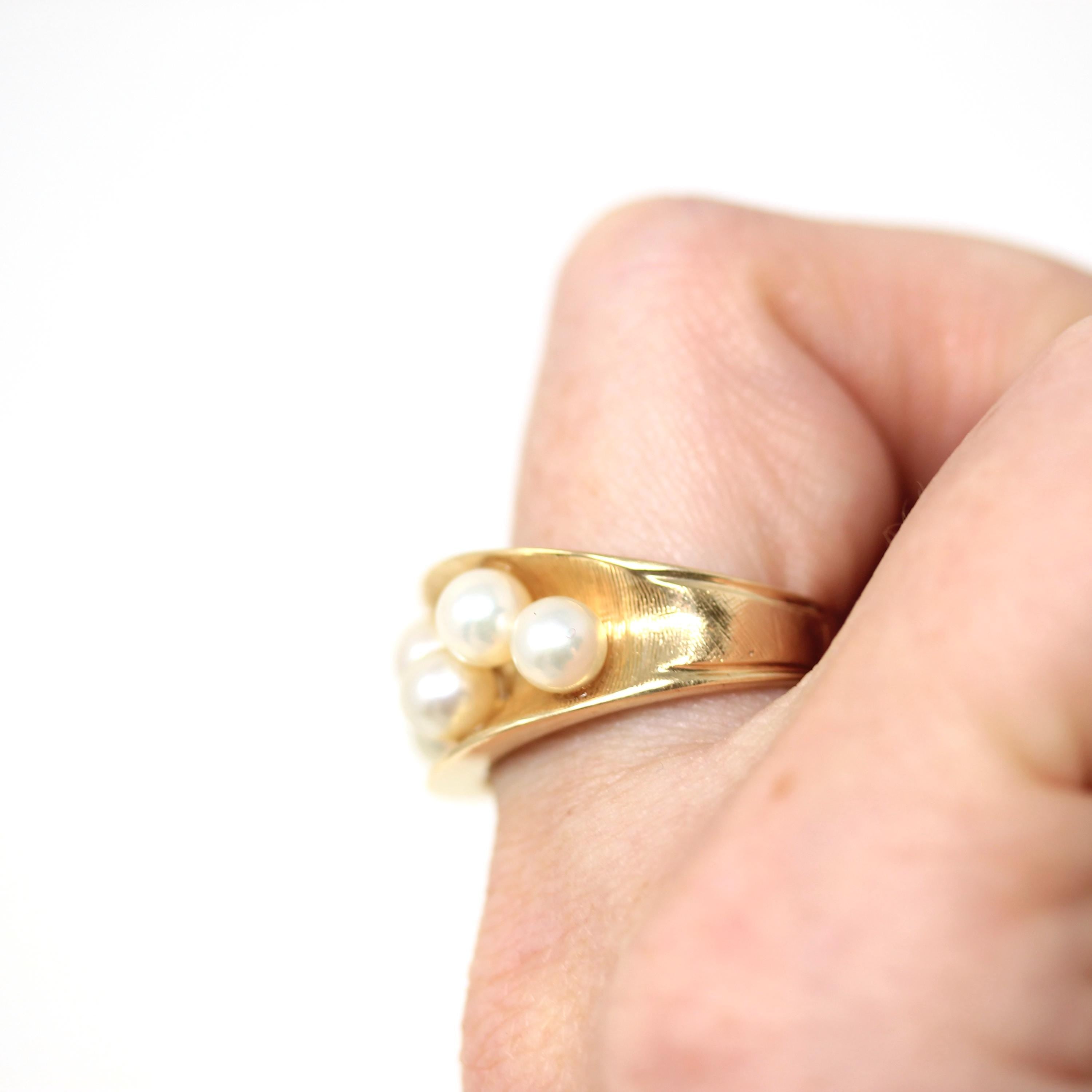 Retro Cultured Pearl Ring - Vintage 14k Yellow Gold Genuine Gemstones - Circa 1970s Era Size 6 3/4 June Birthstone Fine Statement Jewelry