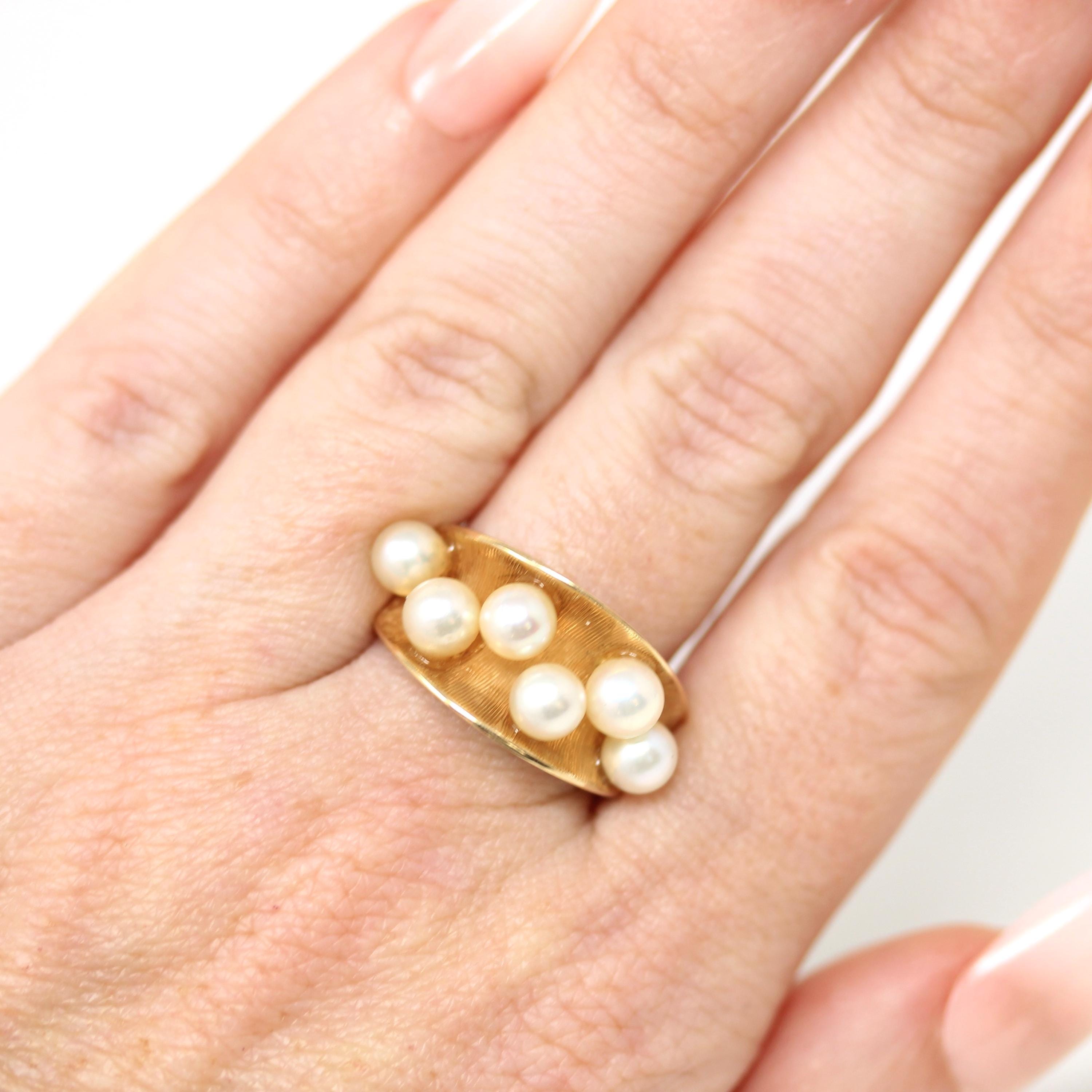 Retro Cultured Pearl Ring - Vintage 14k Yellow Gold Genuine Gemstones - Circa 1970s Era Size 6 3/4 June Birthstone Fine Statement Jewelry