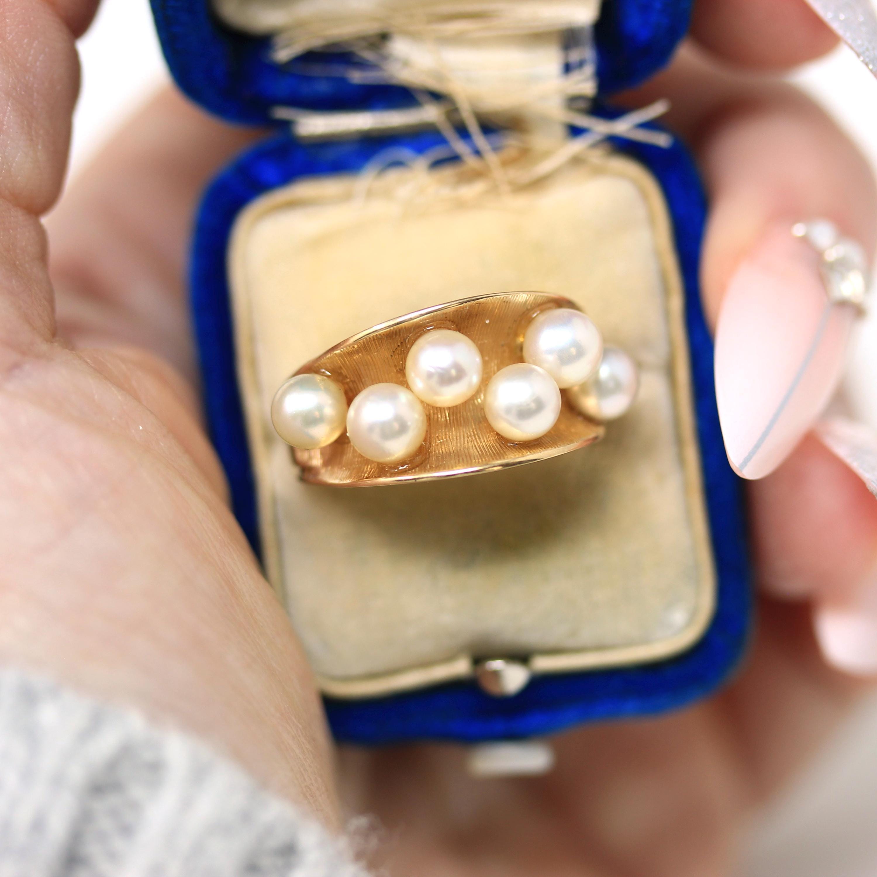 Retro Cultured Pearl Ring - Vintage 14k Yellow Gold Genuine Gemstones - Circa 1970s Era Size 6 3/4 June Birthstone Fine Statement Jewelry