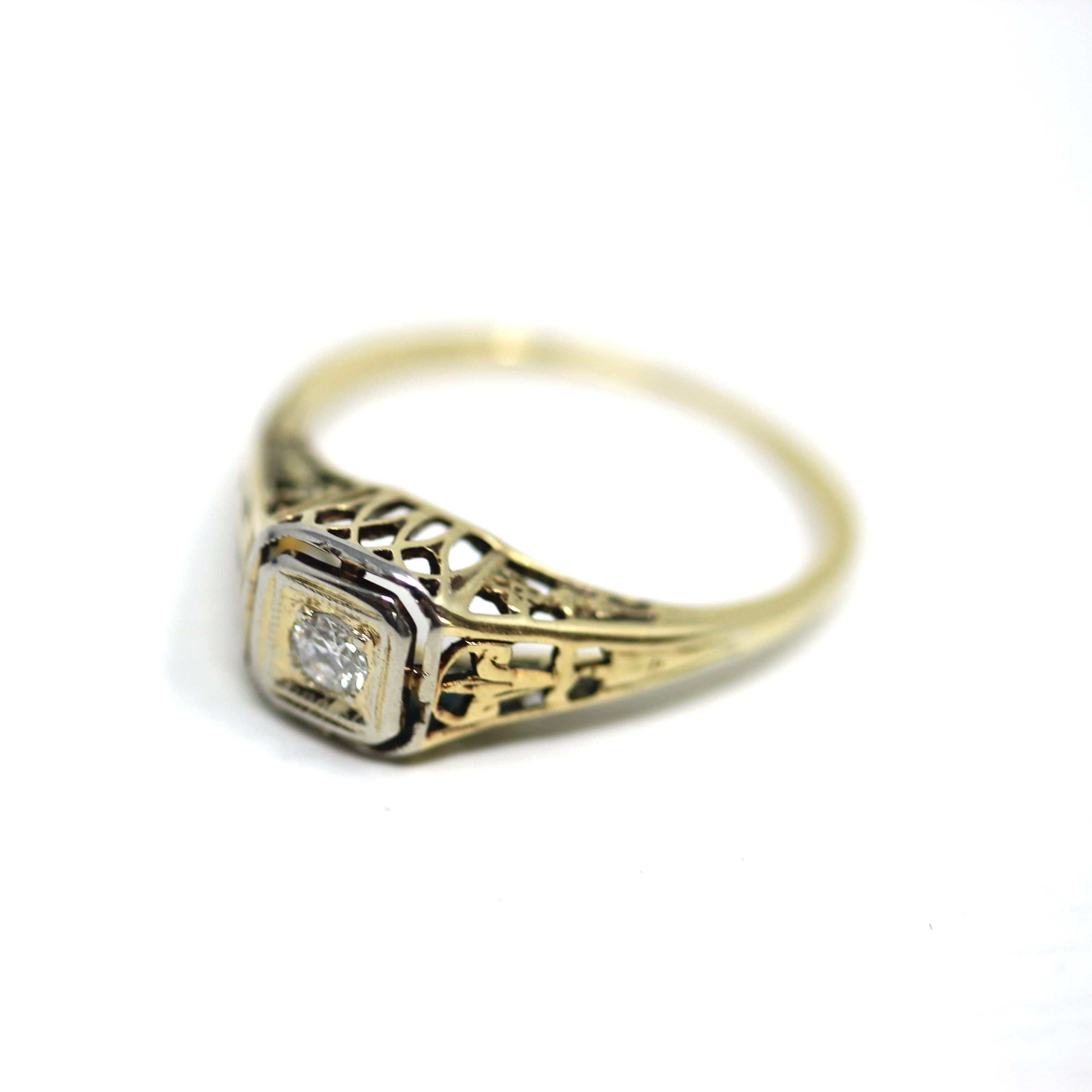 Art Deco Diamond Ring - Vintage 14k Yellow White Gold Floral Filigree Natural Gemstones - Circa 1930s Era Size 6 Engagement Two Tone Jewelry