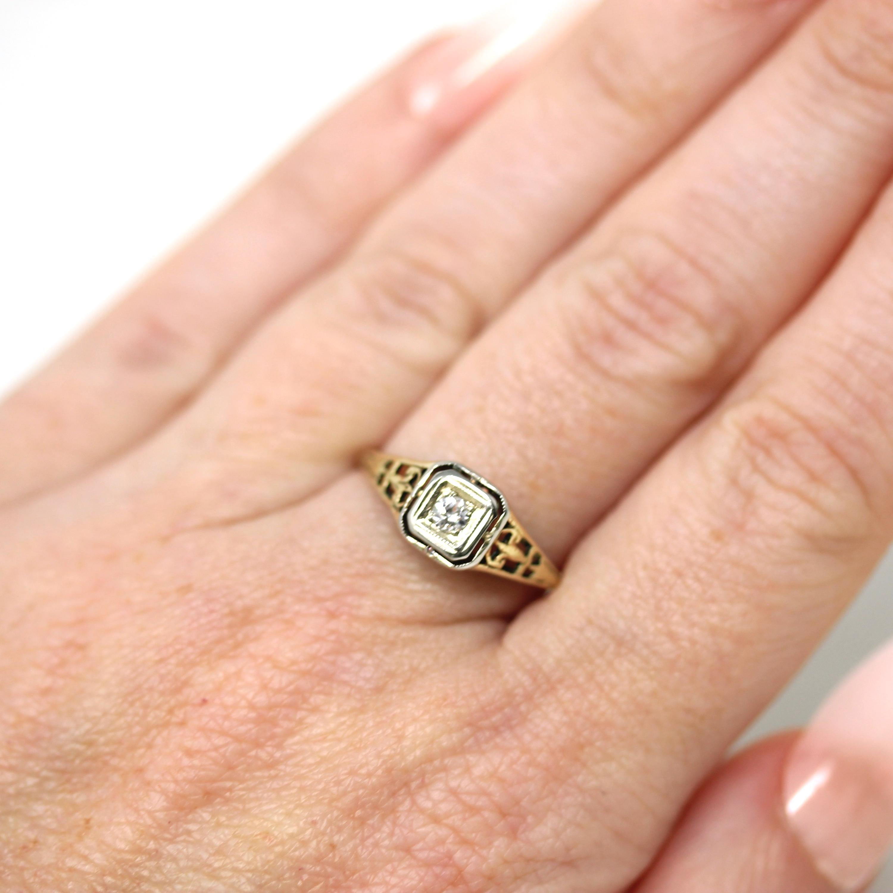 Art Deco Diamond Ring - Vintage 14k Yellow White Gold Floral Filigree Natural Gemstones - Circa 1930s Era Size 6 Engagement Two Tone Jewelry