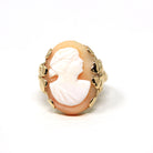 Vintage Cameo Ring - Retro 14k Yellow Gold Orange White Genuine Carved Gem - Vintage Circa 1940s Size 4 3/4 Woman Portrait Floral Jewelry