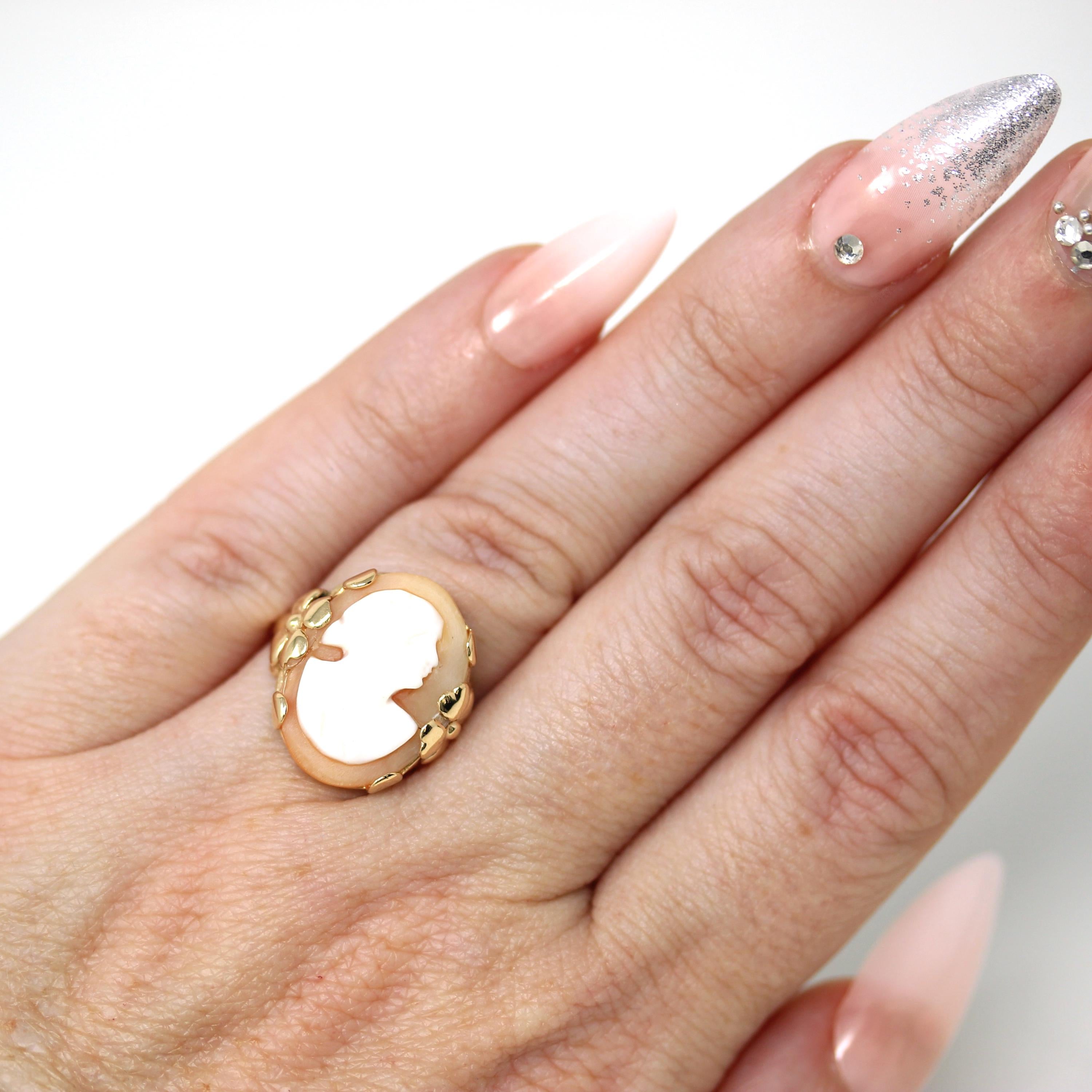 Vintage Cameo Ring - Retro 14k Yellow Gold Orange White Genuine Carved Gem - Vintage Circa 1940s Size 4 3/4 Woman Portrait Floral Jewelry