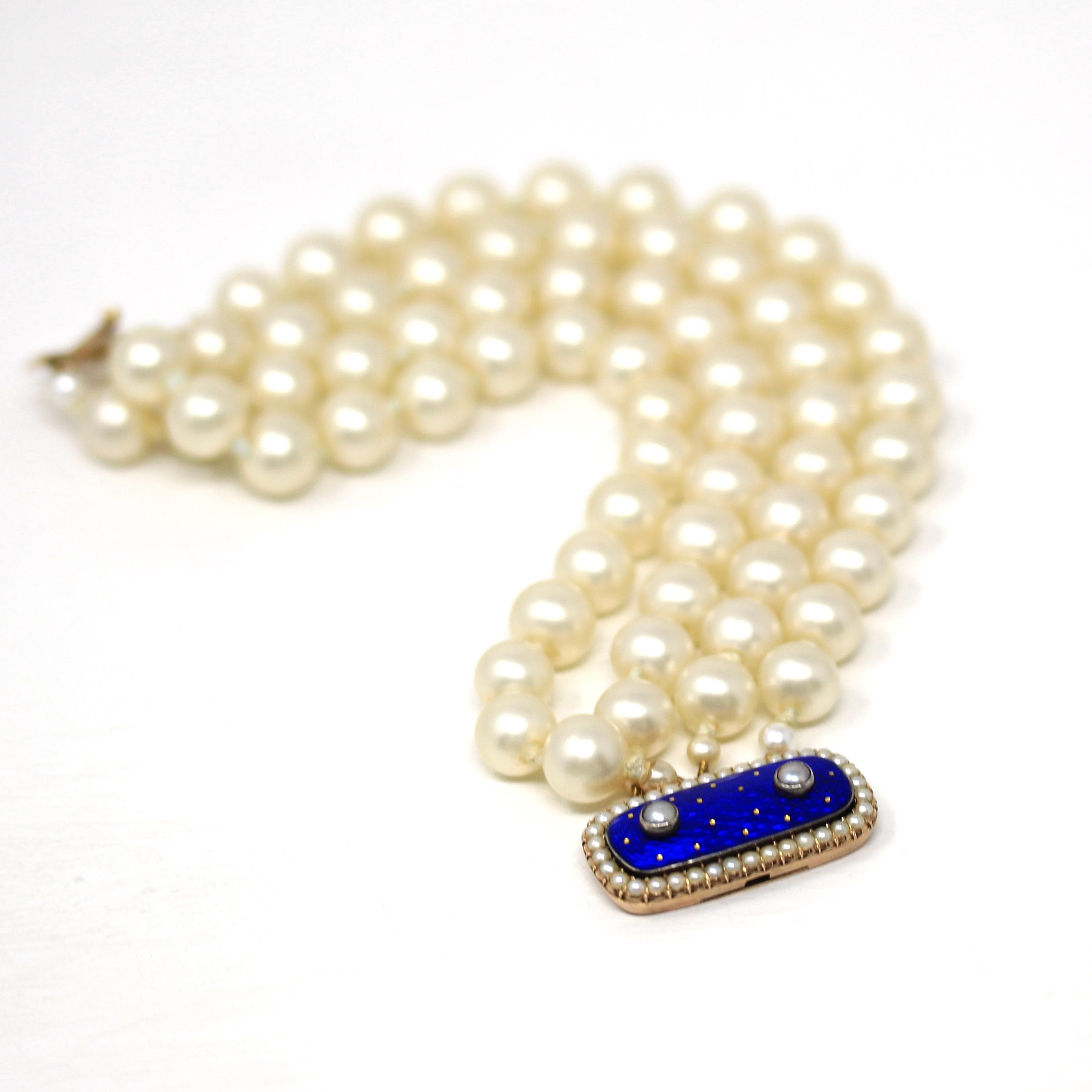 Antique Enamel Bracelet - Victorian Era 10k Rosy Yellow Gold Royal Blue Guilloché Enamel Clasp - Simulated Pearl Fine Celestial Jewelry