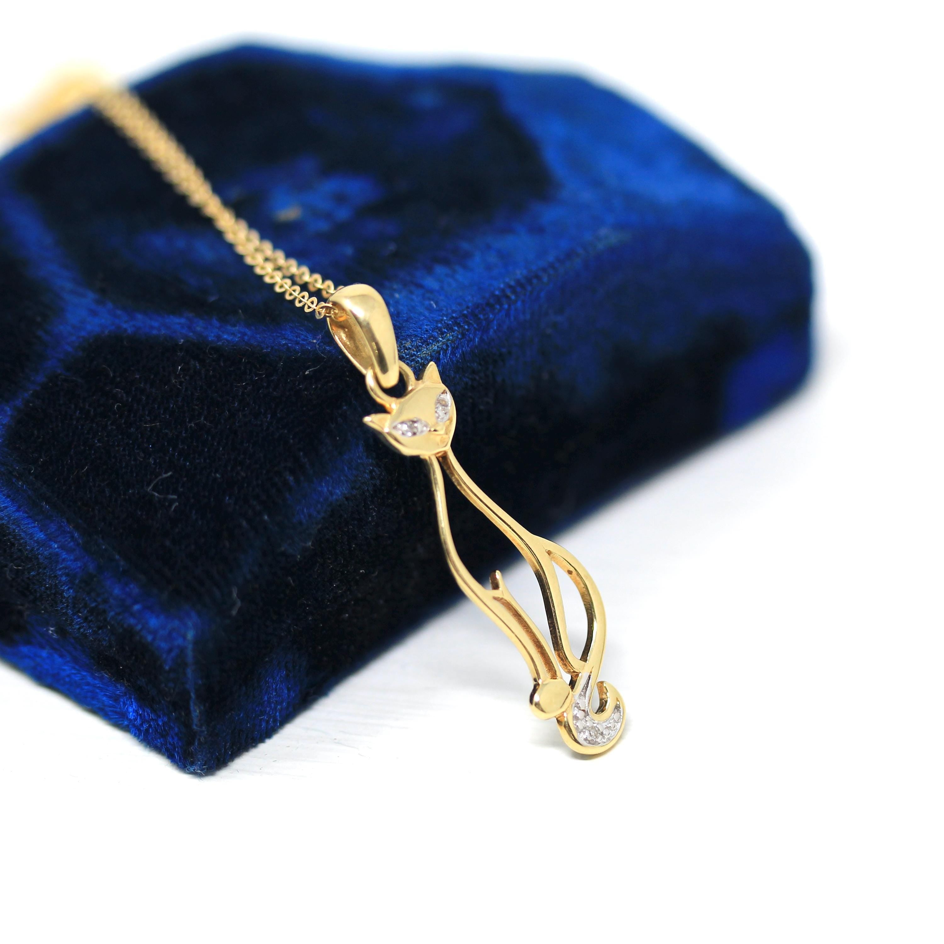 Modern Cat Pendant - Estate 10k Yellow Gold Natural Diamond Studded Charm Necklace - Circa 2000s Animal Feline Kitty Feminine Fine Jewelry