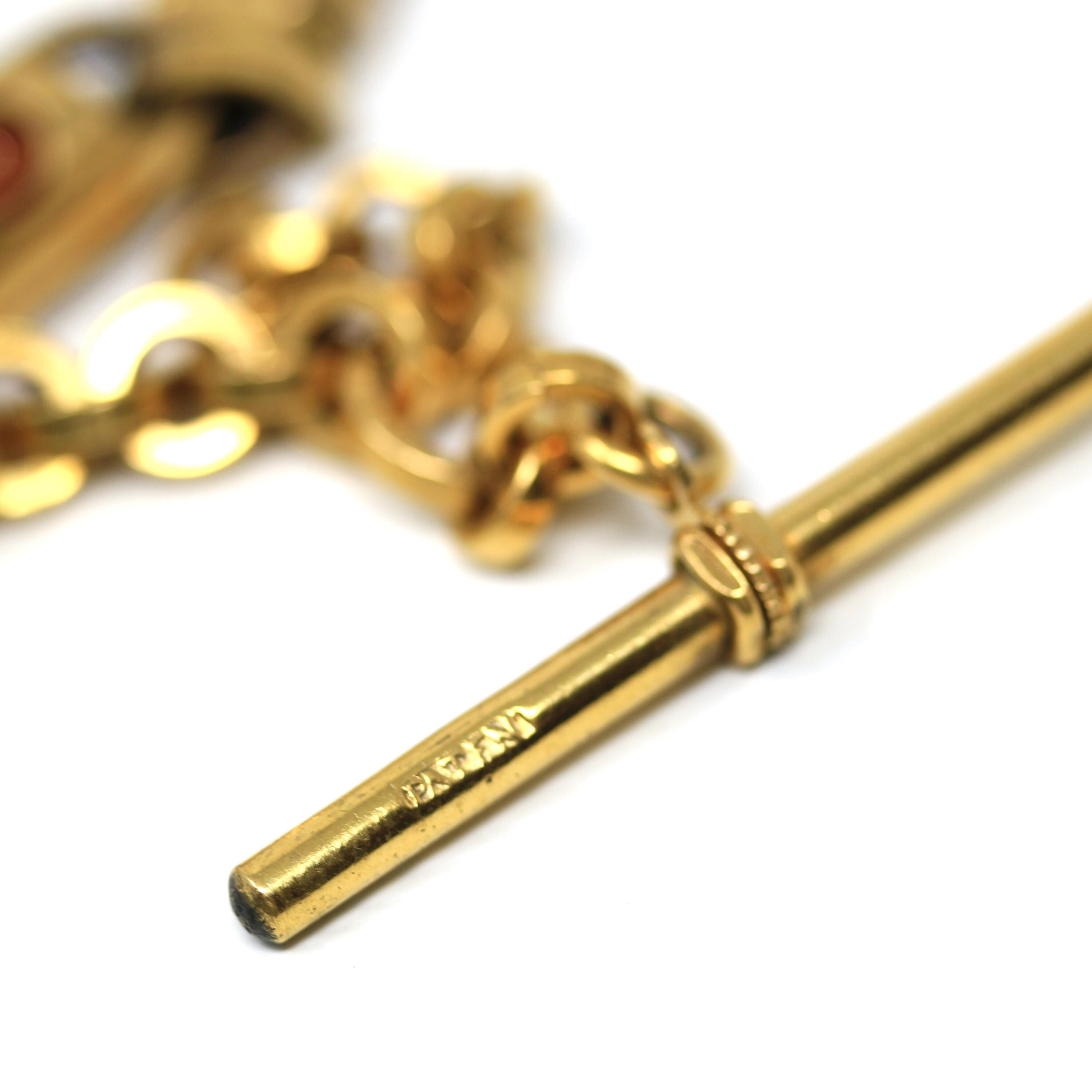 Antique Pocket Watch Chain - Gold Filled Rollo Chain T Bar Dog Clip Clasp - Victorian Circa 1890s Unisex Goldstone Fancy Link Fine Jewelry