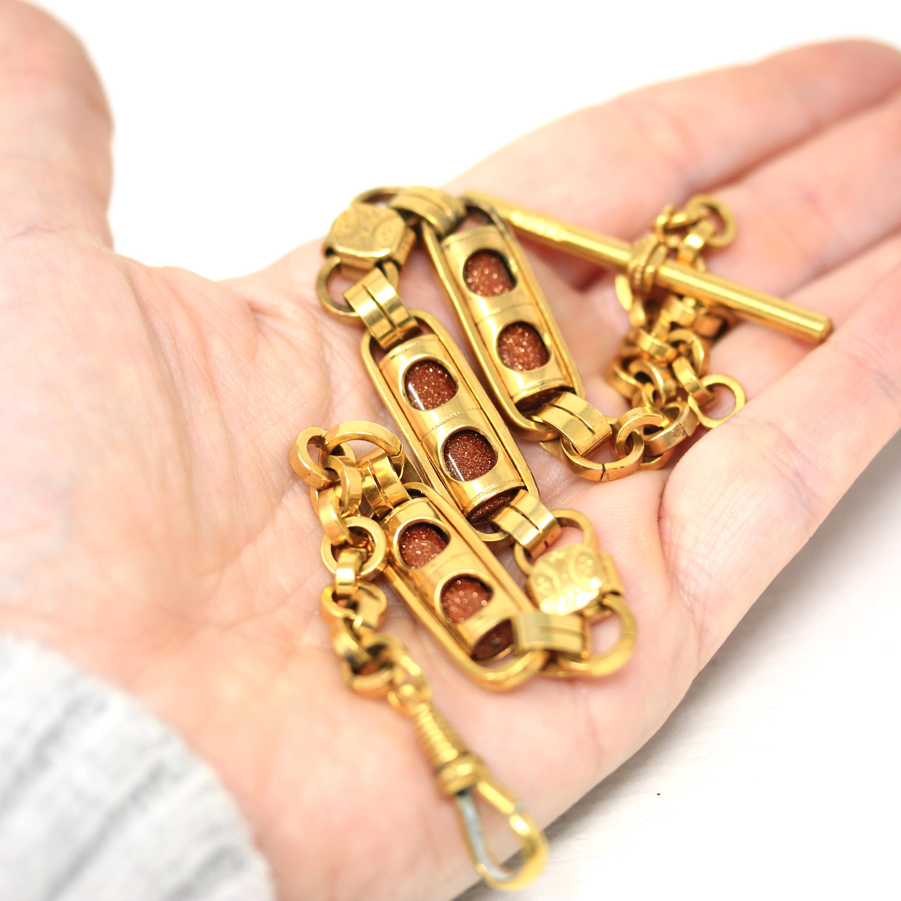 Antique Pocket Watch Chain - Gold Filled Rollo Chain T Bar Dog Clip Clasp - Victorian Circa 1890s Unisex Goldstone Fancy Link Fine Jewelry