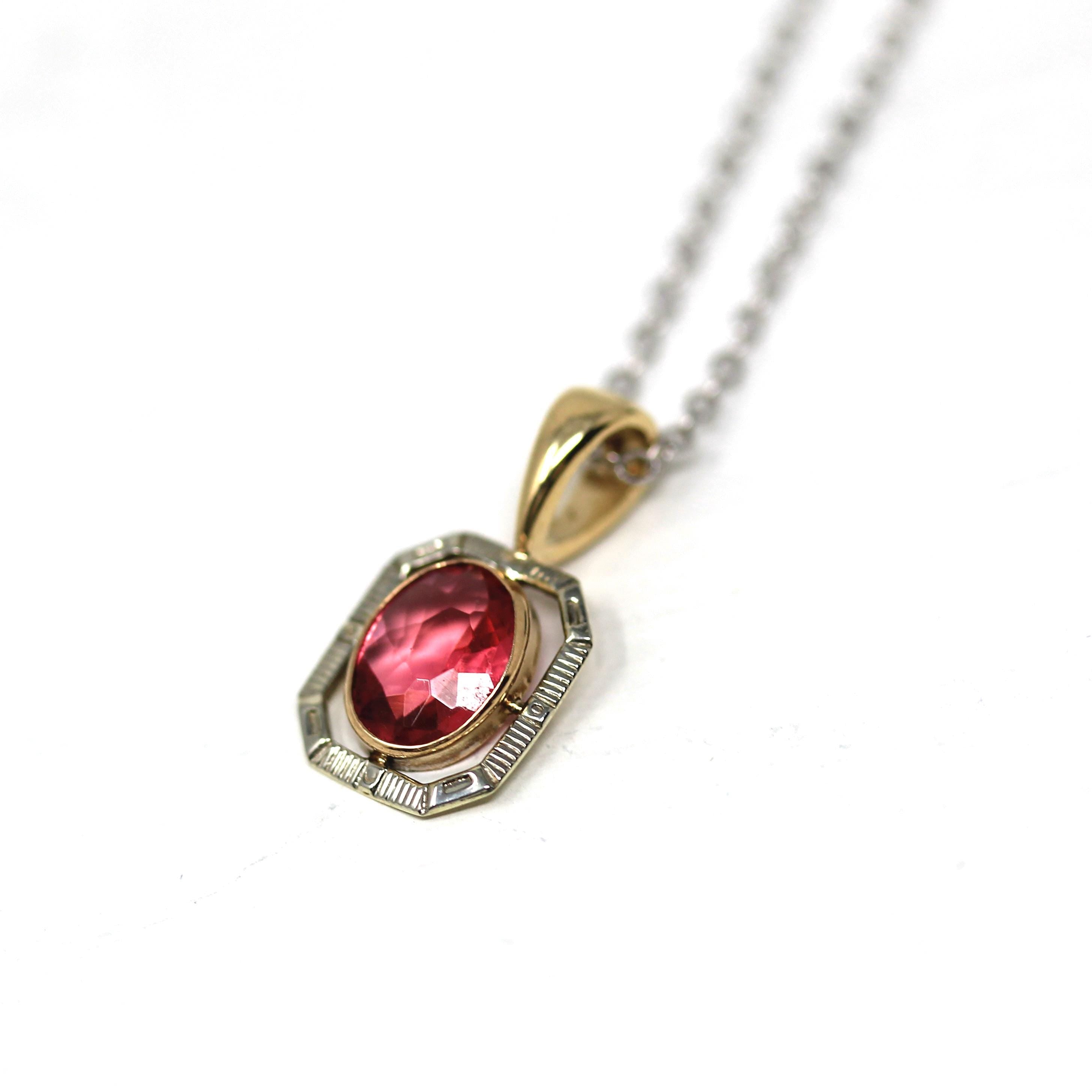 Simulated Pink Sapphire Charm - Art Deco Era 10k Yellow White Gold Handmade Glass Gem Pendant - Circa 1930 Stick Pin Conversion Fine Jewelry