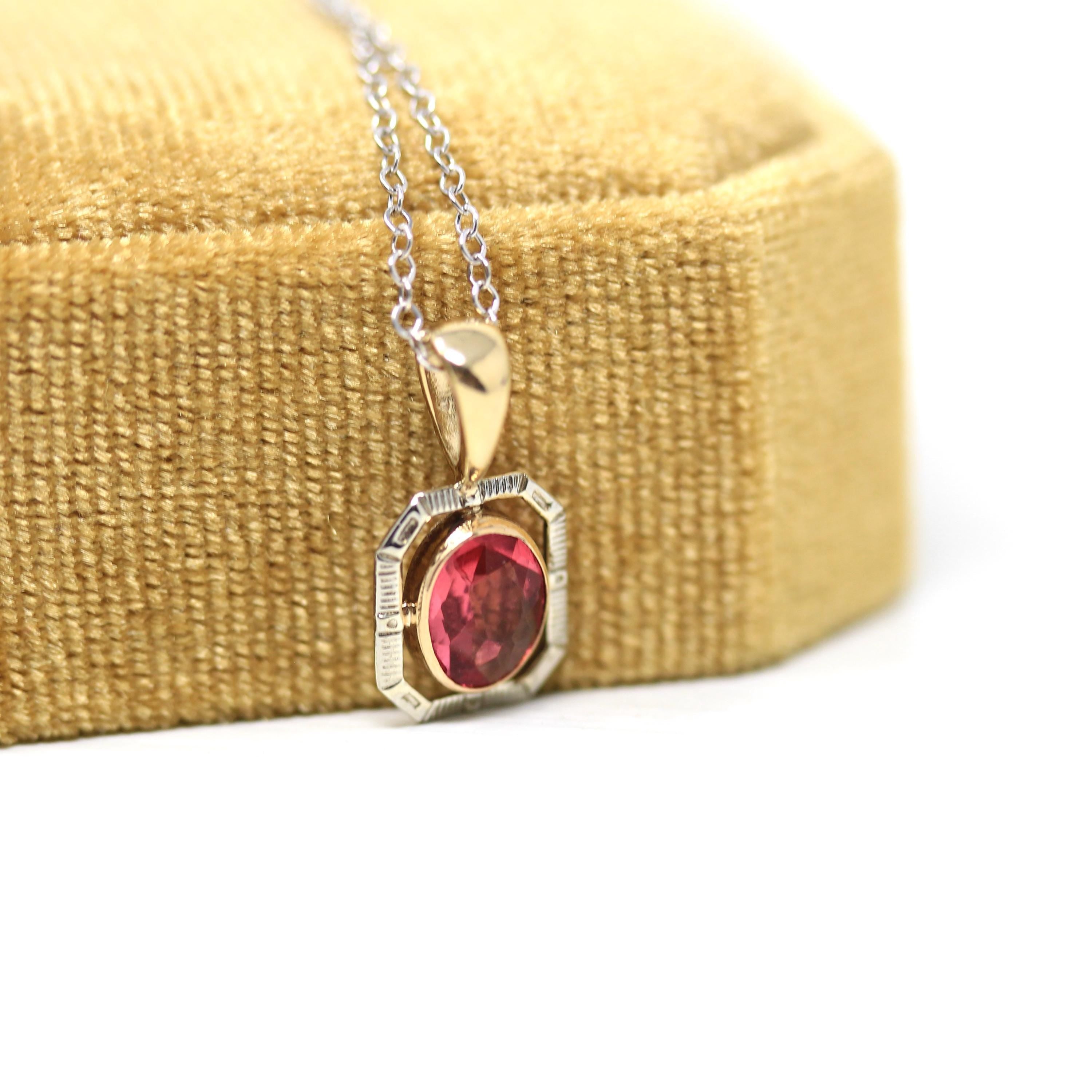 Simulated Pink Sapphire Charm - Art Deco Era 10k Yellow White Gold Handmade Glass Gem Pendant - Circa 1930 Stick Pin Conversion Fine Jewelry