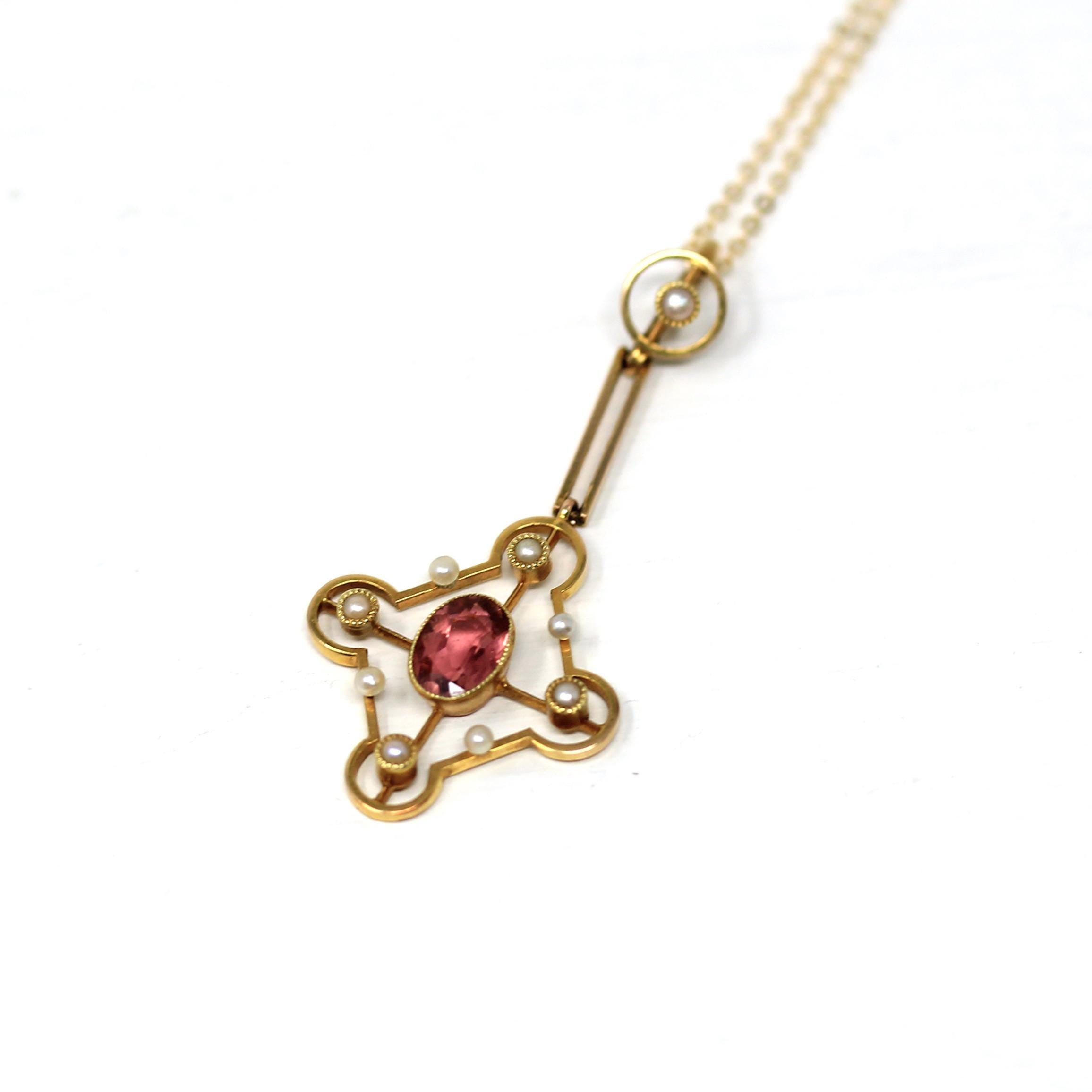 Antique Lavalier Necklace - Edwardian 15k Yellow Gold .70 CT Natural Oval Pink Tourmaline Gem Pendant - Circa 1910s Seed Pearl Fine Jewelry