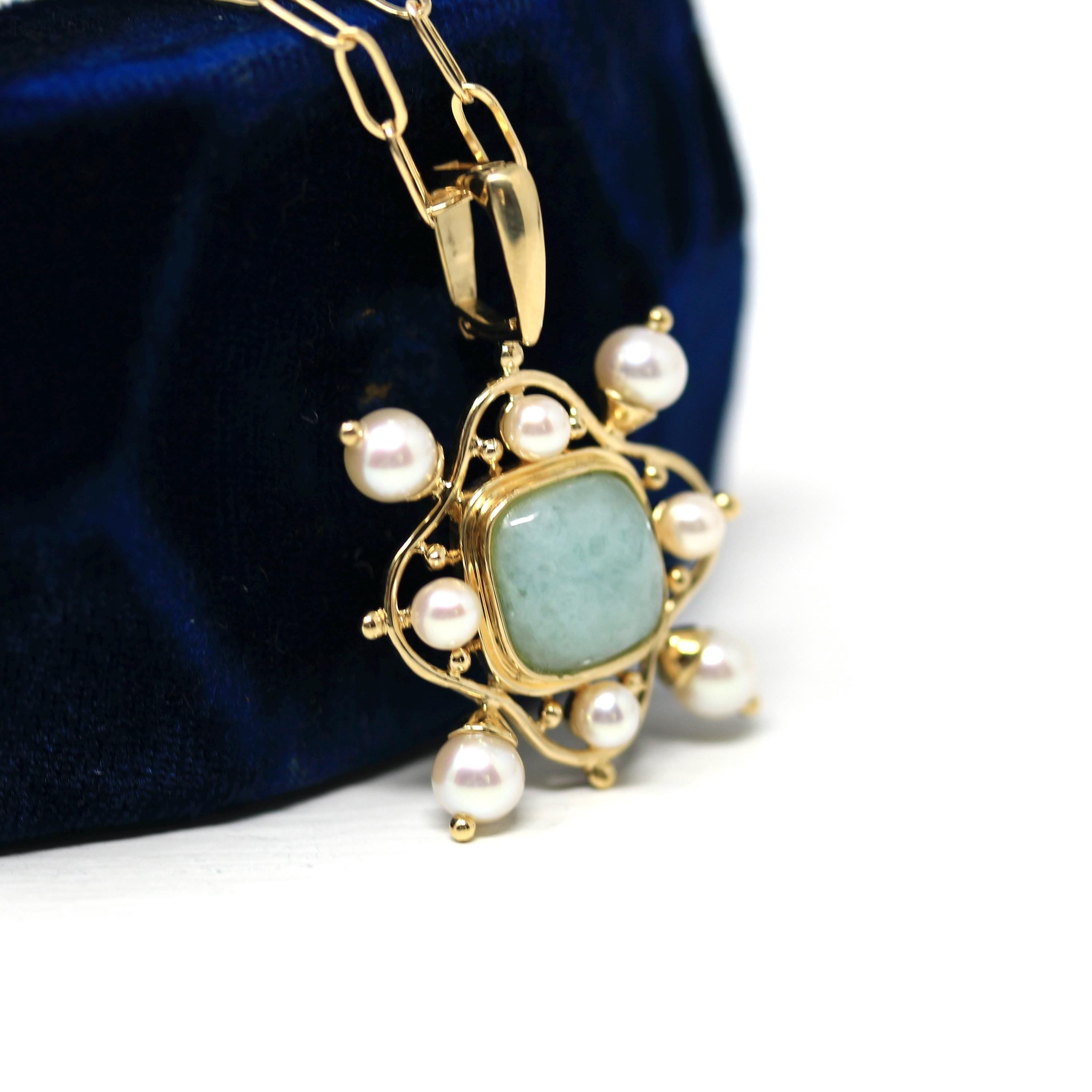 Jade Enhancer Pendant - Vintage 14k Yellow Gold Cultured Pearl Necklace - Modern Estate 2000s Y2K Fine Jadeite Statement Gemstone Jewelry