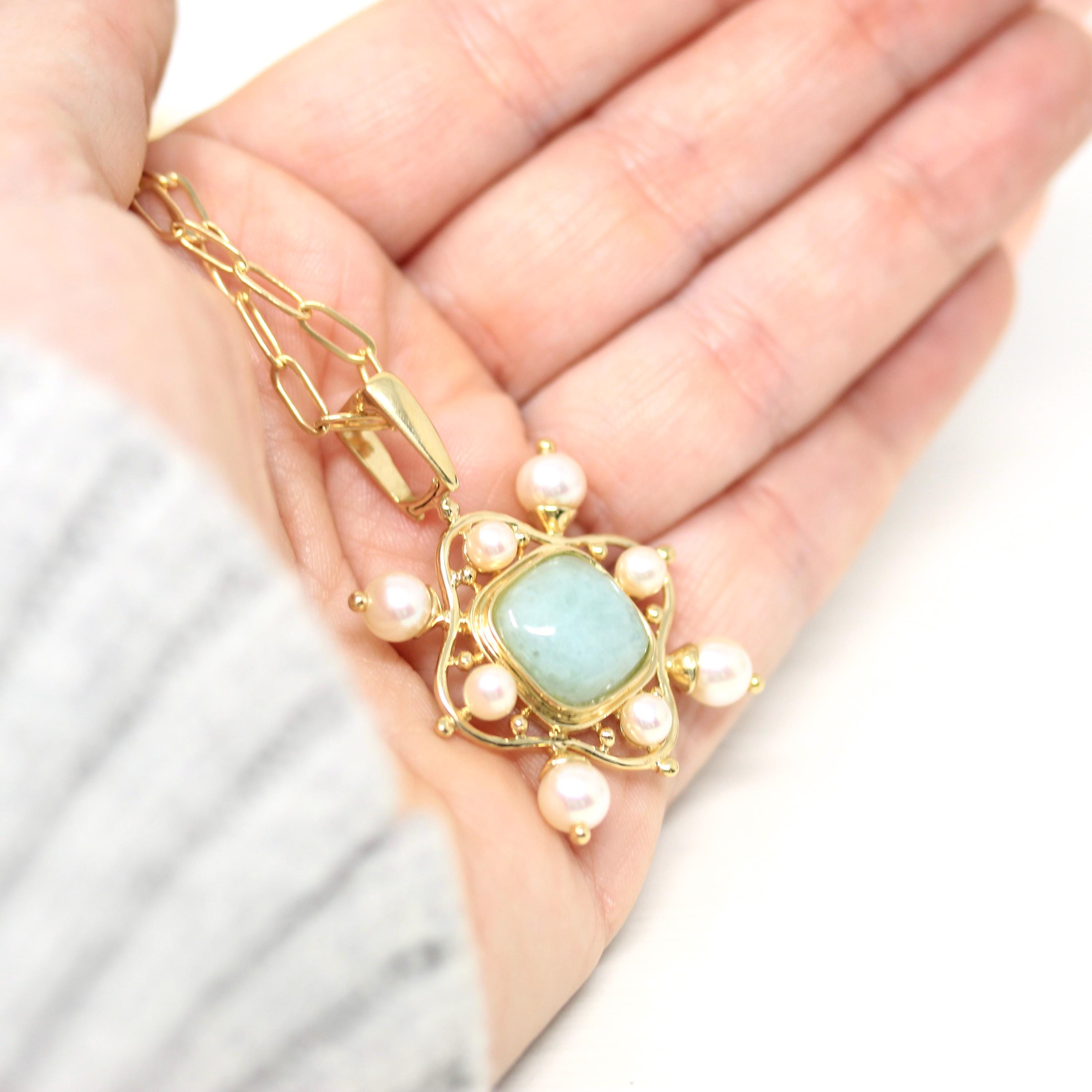 Jade Enhancer Pendant - Vintage 14k Yellow Gold Cultured Pearl Necklace - Modern Estate 2000s Y2K Fine Jadeite Statement Gemstone Jewelry