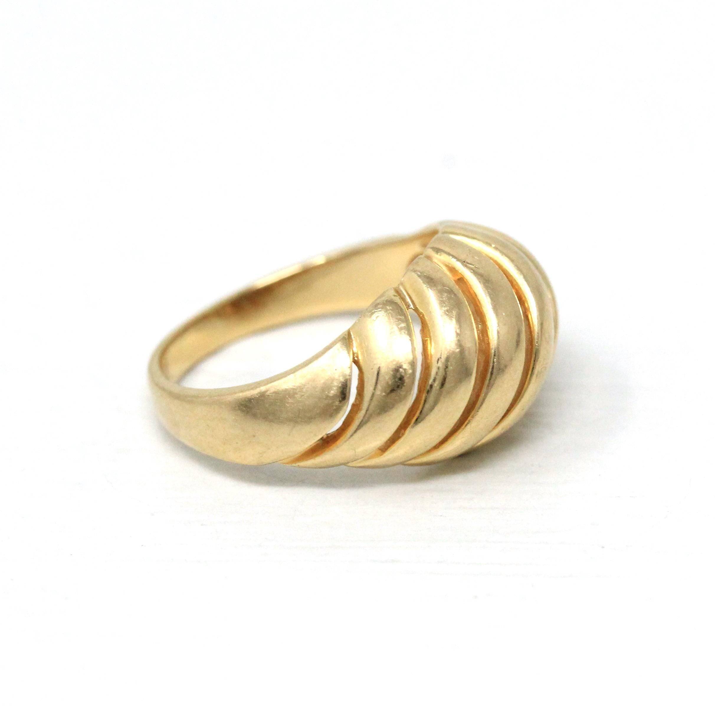 Estate Croissant Ring - Vintage 14k Yellow Gold Classic Polished Twisted Dome Style - Modern 1990s Size 6 1/2 Shrimp Unisex Fine 90s Jewelry