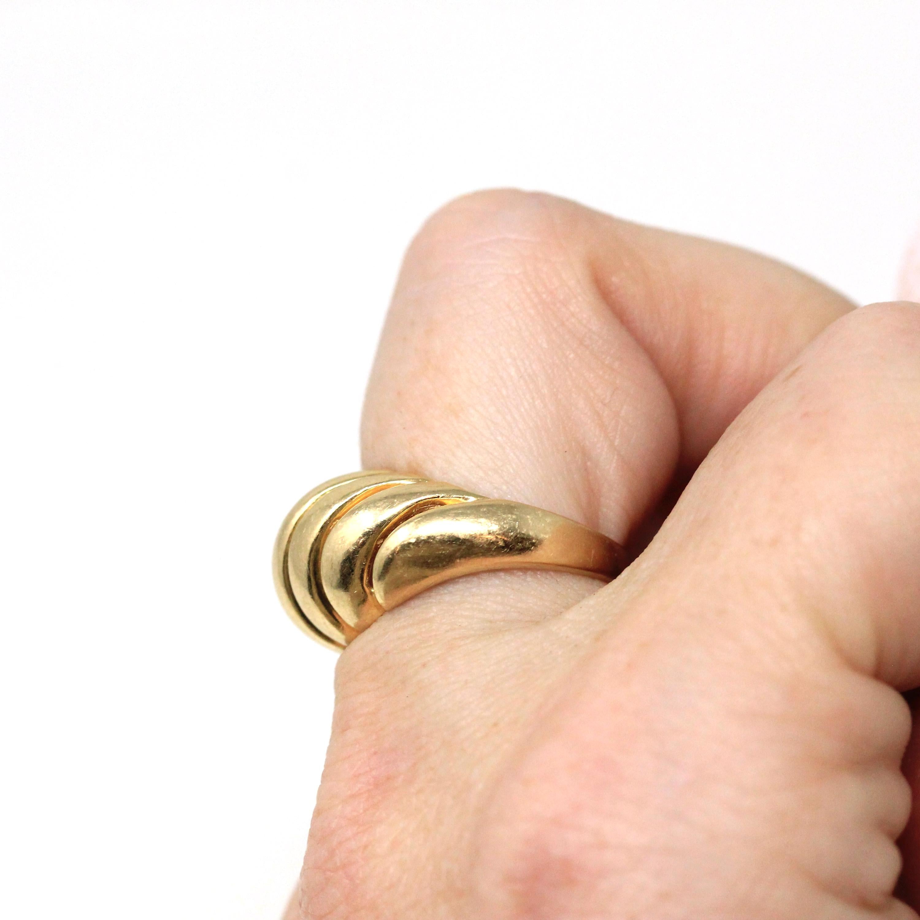 Estate Croissant Ring - Vintage 14k Yellow Gold Classic Polished Twisted Dome Style - Modern 1990s Size 6 1/2 Shrimp Unisex Fine 90s Jewelry