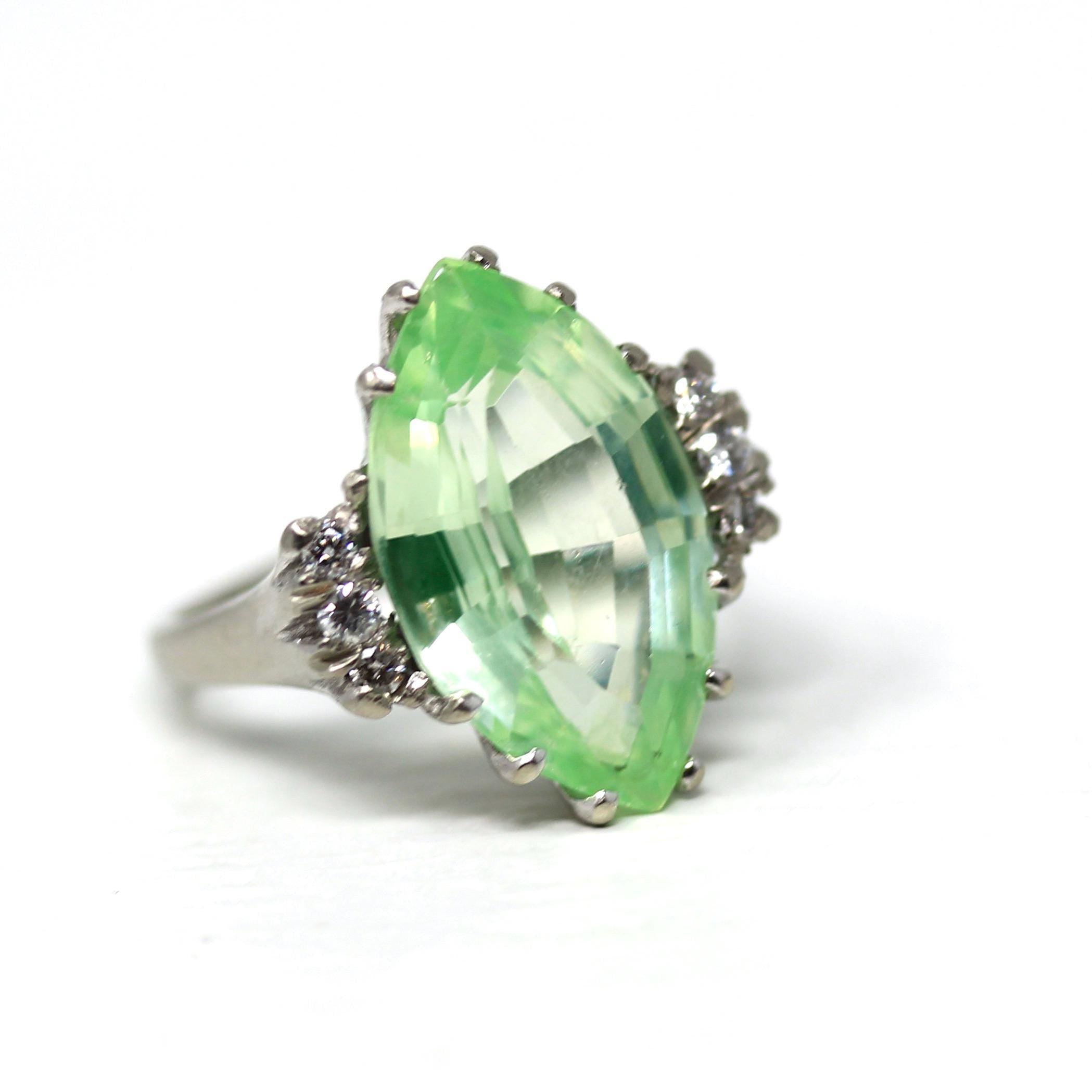 Created Spinel Ring - Retro 10k White Gold Marquise Cut Green Stone - Vintage Circa 1960s Era Size 5 3/4 Fine Statement Cocktail 60s Jewelry