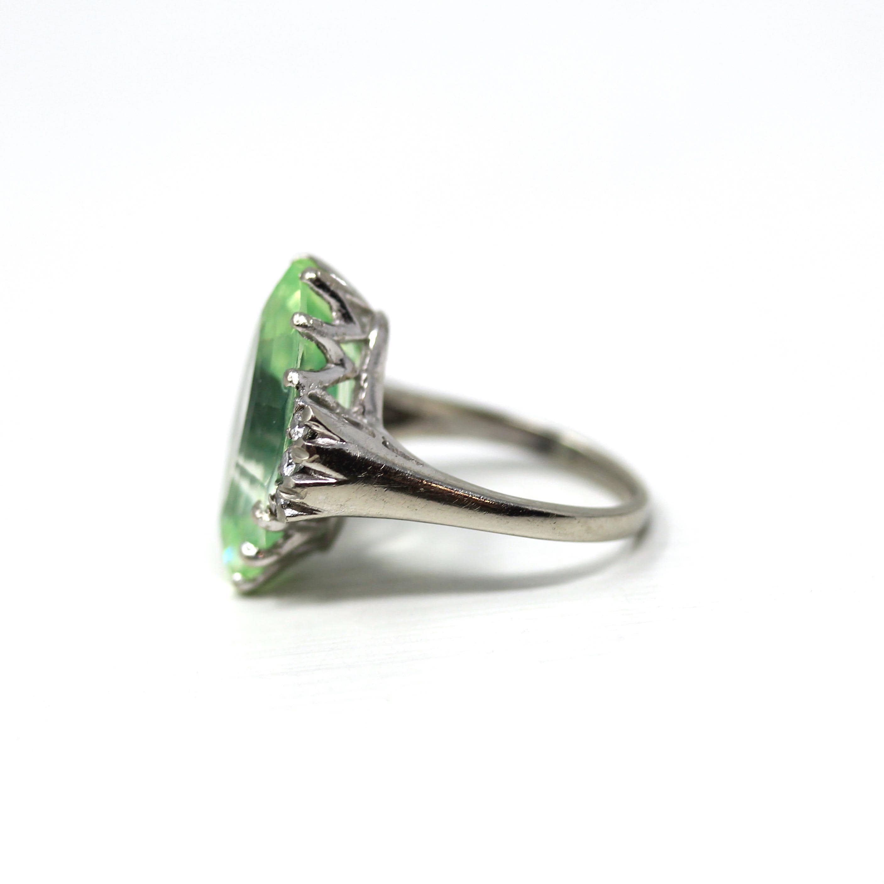 Created Spinel Ring - Retro 10k White Gold Marquise Cut Green Stone - Vintage Circa 1960s Era Size 5 3/4 Fine Statement Cocktail 60s Jewelry
