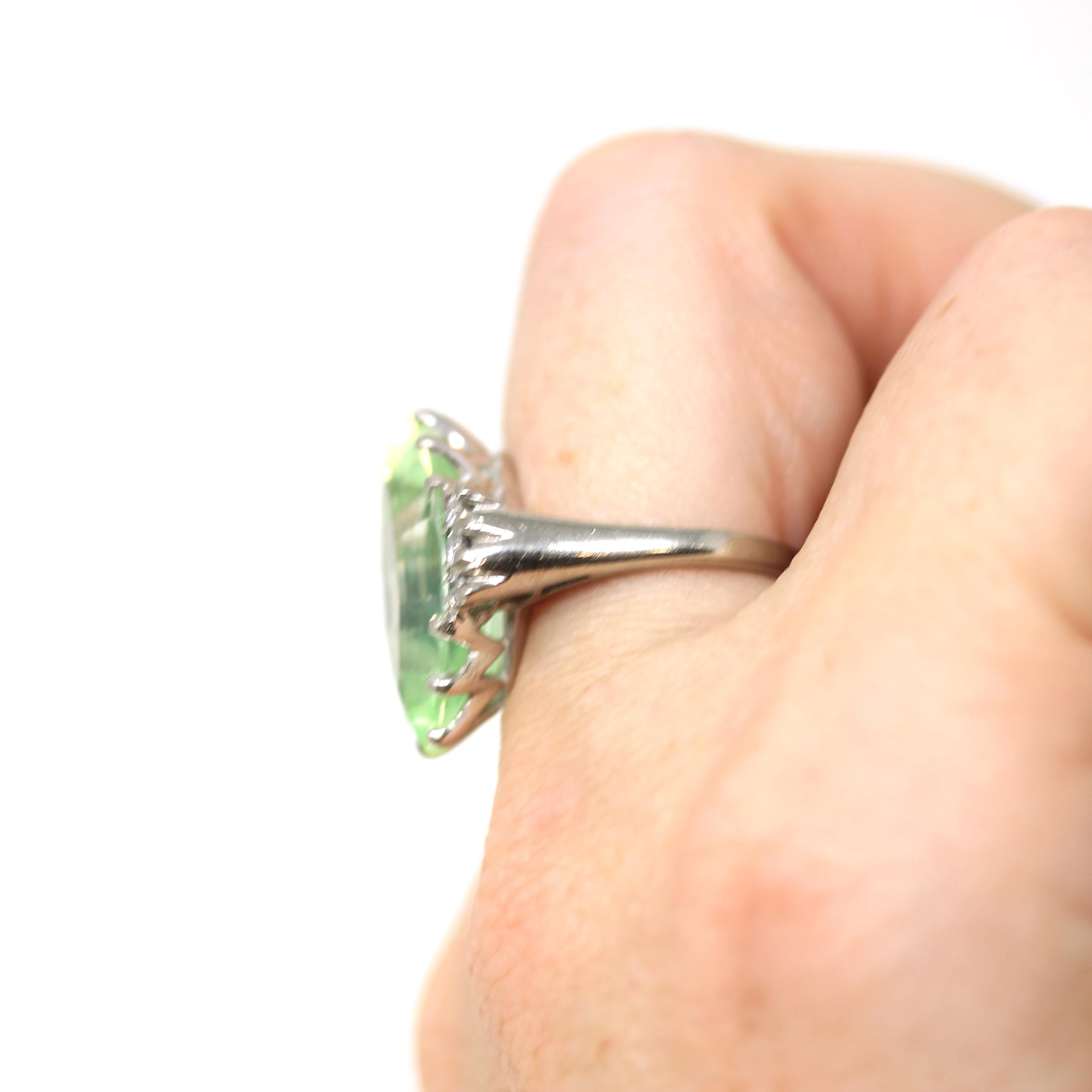 Created Spinel Ring - Retro 10k White Gold Marquise Cut Green Stone - Vintage Circa 1960s Era Size 5 3/4 Fine Statement Cocktail 60s Jewelry