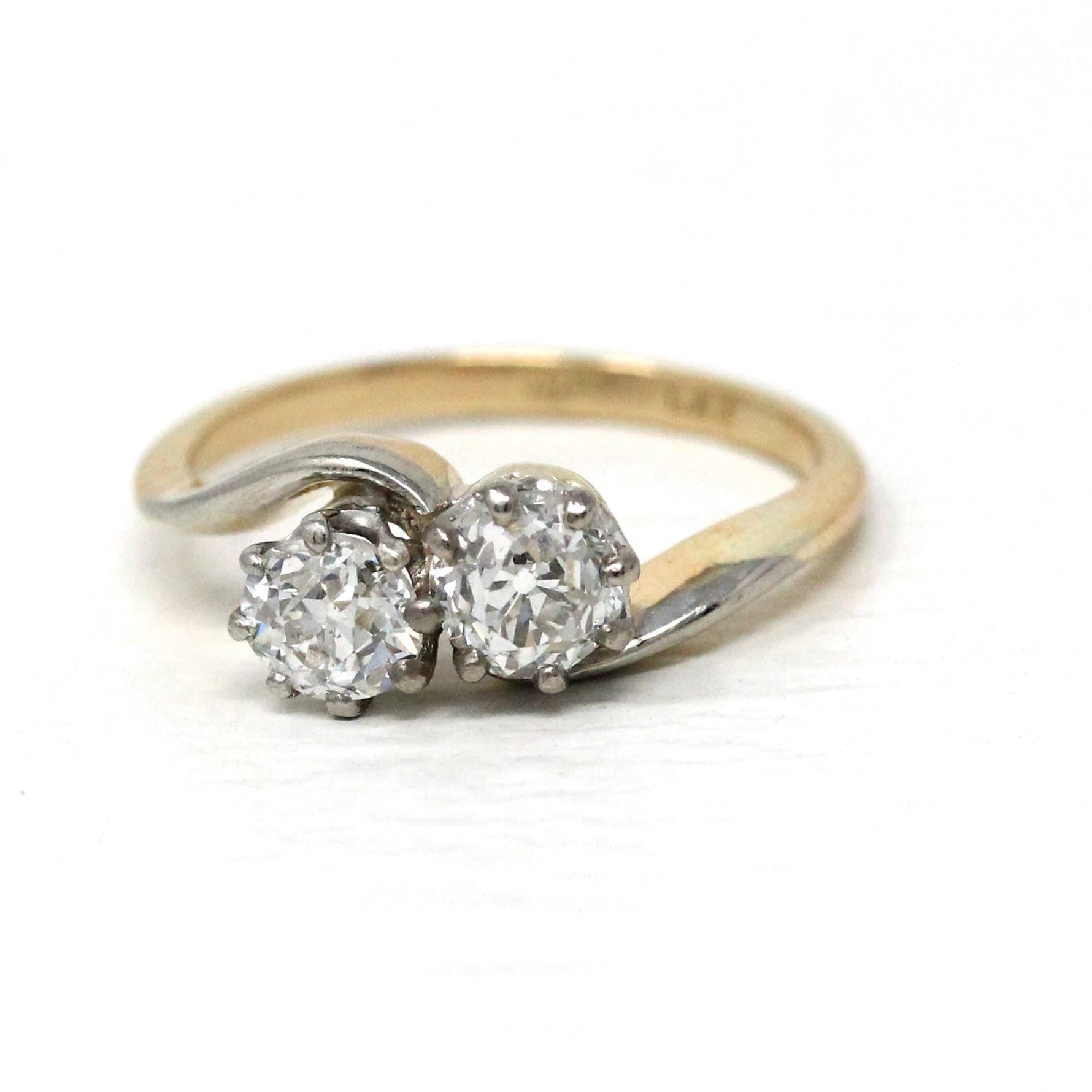 Diamond Toi Et Moi Ring - Edwardian 18k Yellow Gold & Platinum 1.00 CTW Bypass Band - Antique Circa 1910s Era Size 5 1/4 Fine Bridal Jewelry