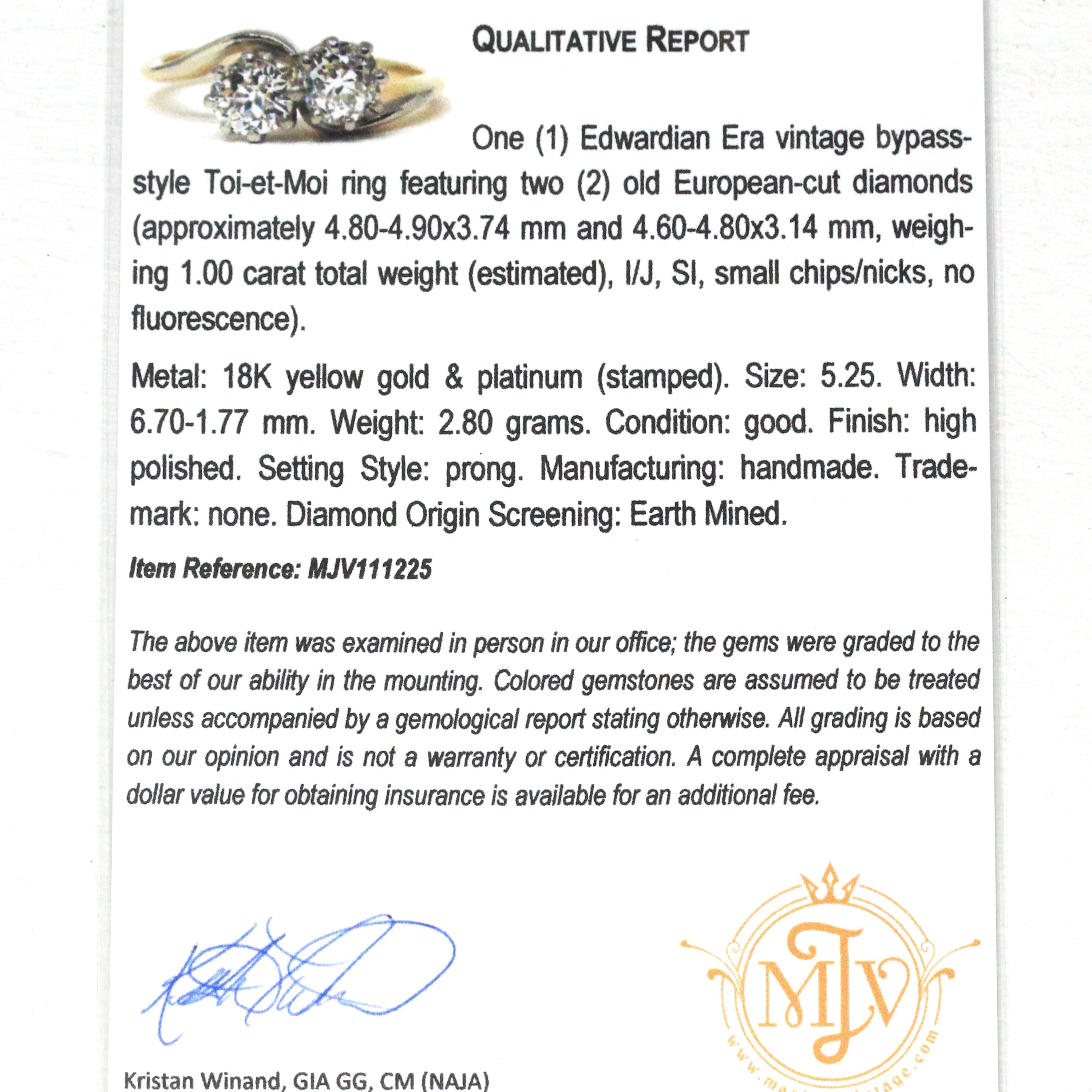 Diamond Toi Et Moi Ring - Edwardian 18k Yellow Gold & Platinum 1.00 CTW Bypass Band - Antique Circa 1910s Era Size 5 1/4 Fine Bridal Jewelry