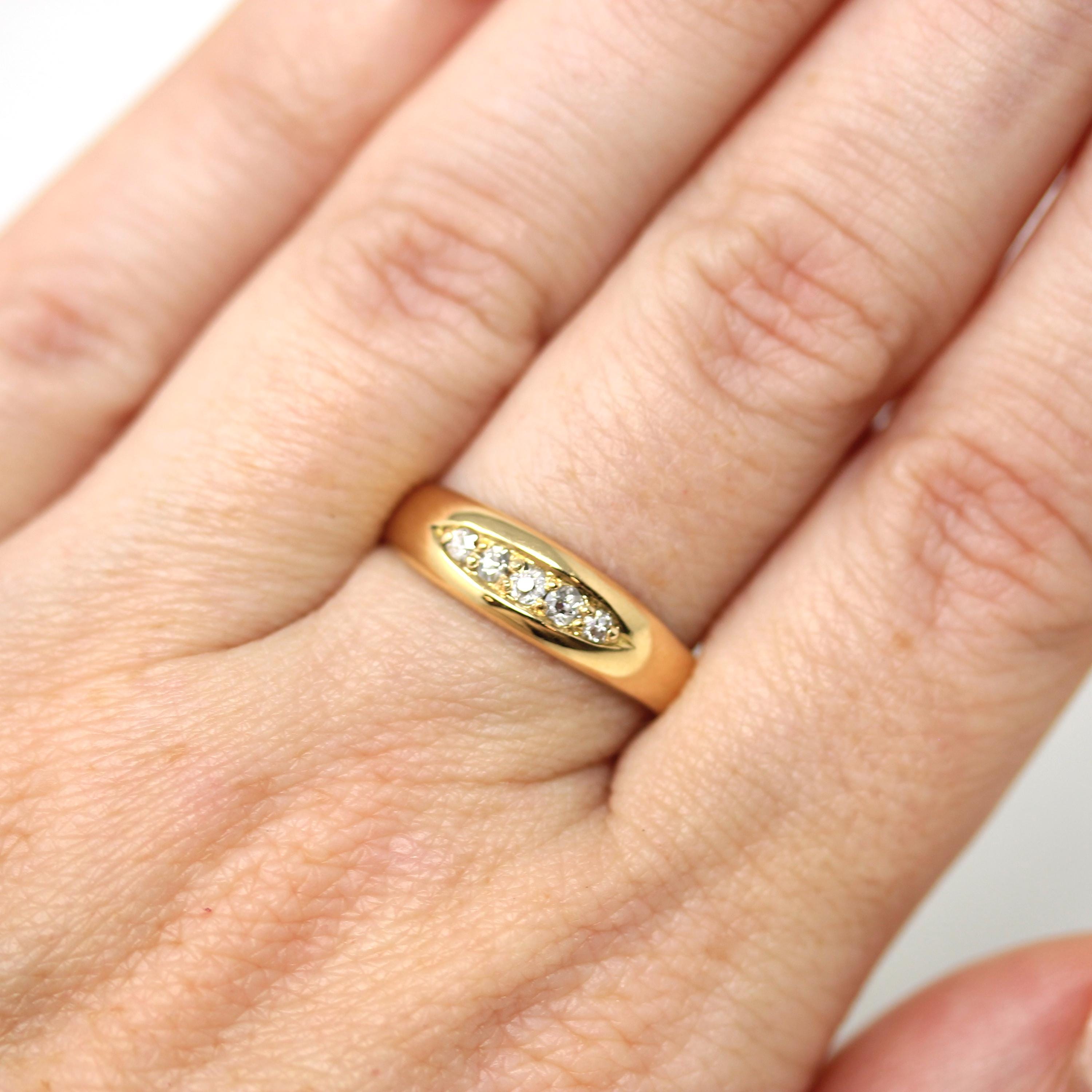 Antique Diamond Band - Edwardian 18k Yellow Gold .16 CTW Natural Gemstone Ring - Vintage 1910s Era English Fine Precious Bridal Jewelry