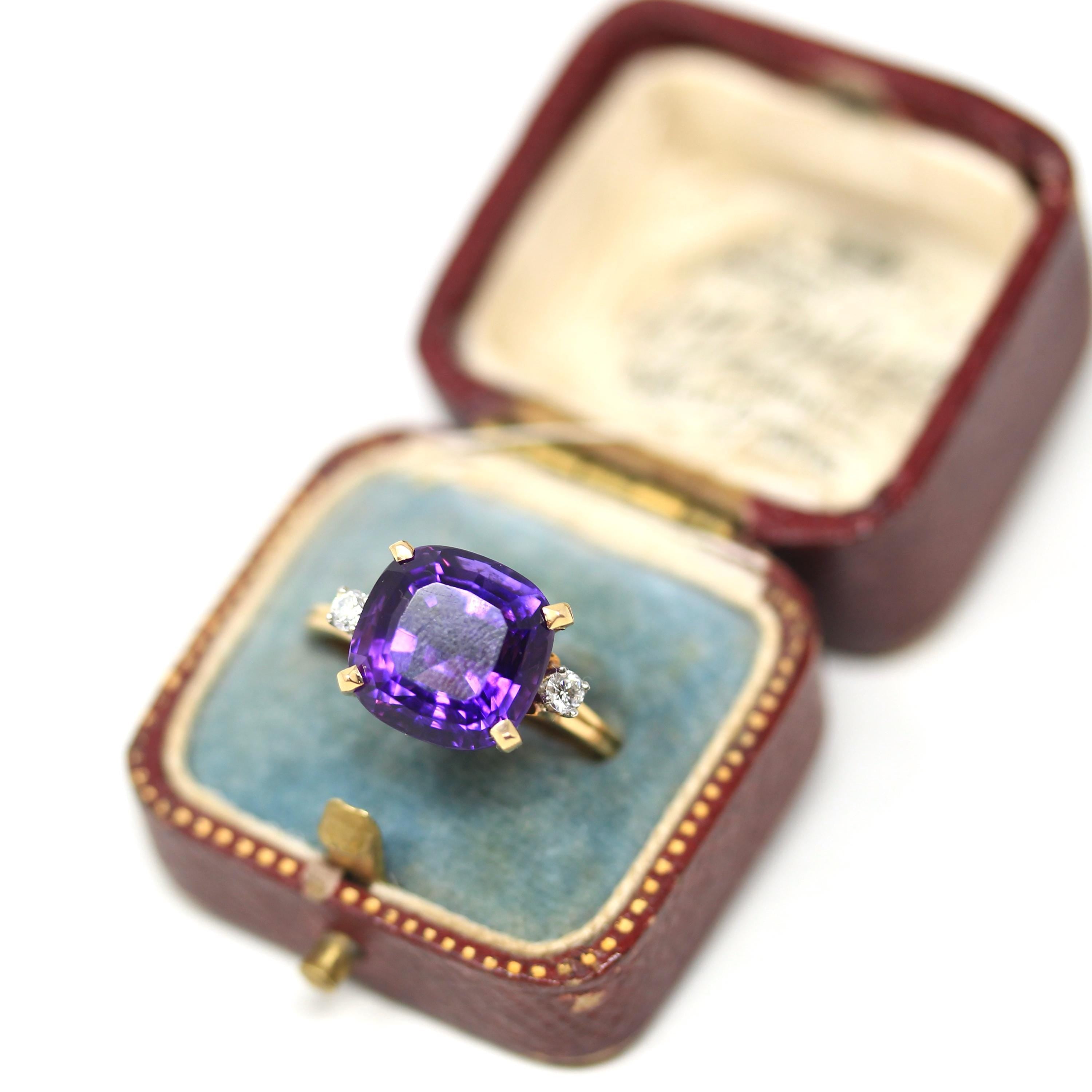 Amethyst & Diamond Ring - Estate 18k Yellow Gold Purple 6.19 CT Gem - Modern Circa 1980s Era Size 7 3/4 February Birthstone Fine Jewelry