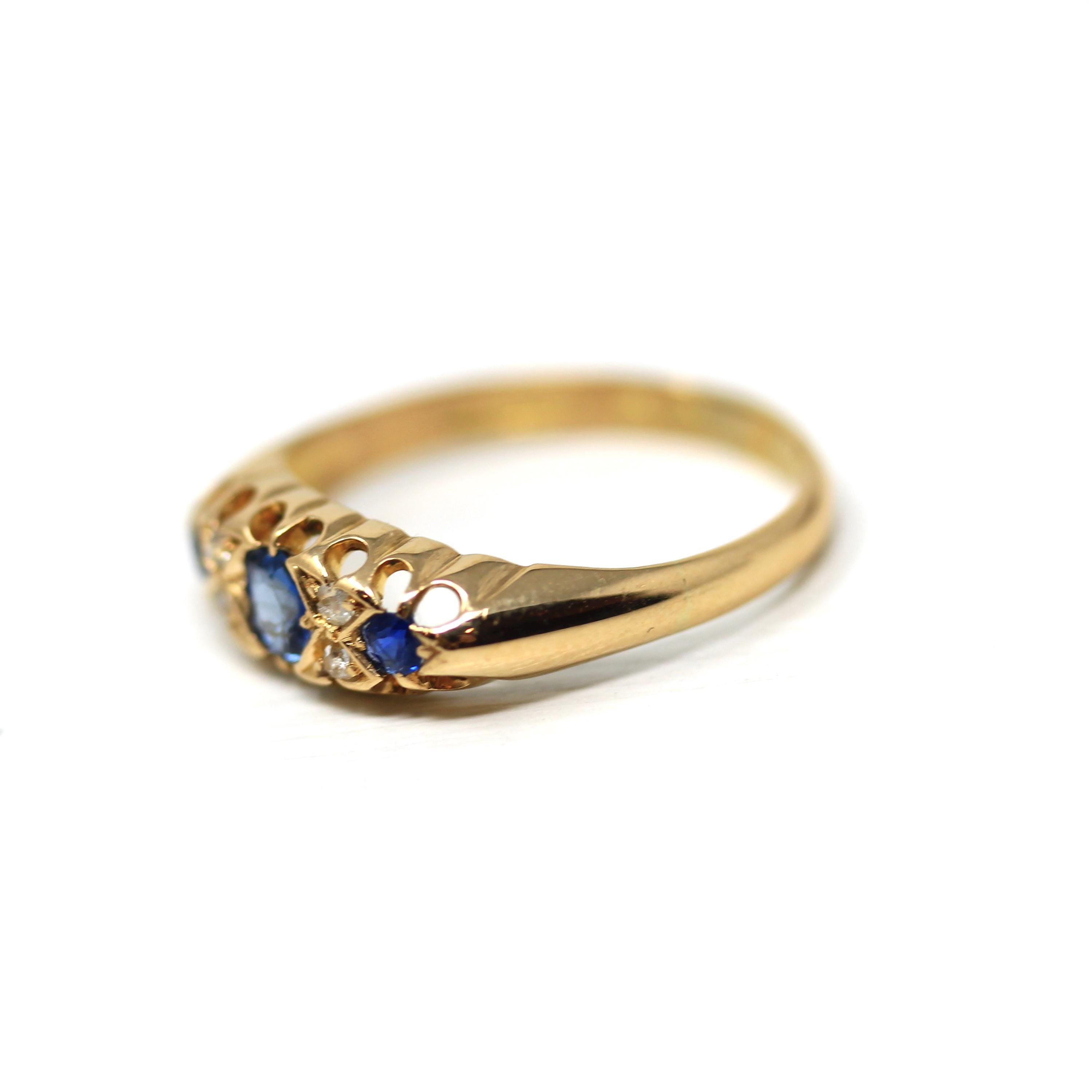 Sapphire & Diamond Band - Edwardian 18k Yellow Gold Natural Blue Gems Wedding Ring - Antique Vintage 1910s London Size 8 1/4 Fine Jewelry