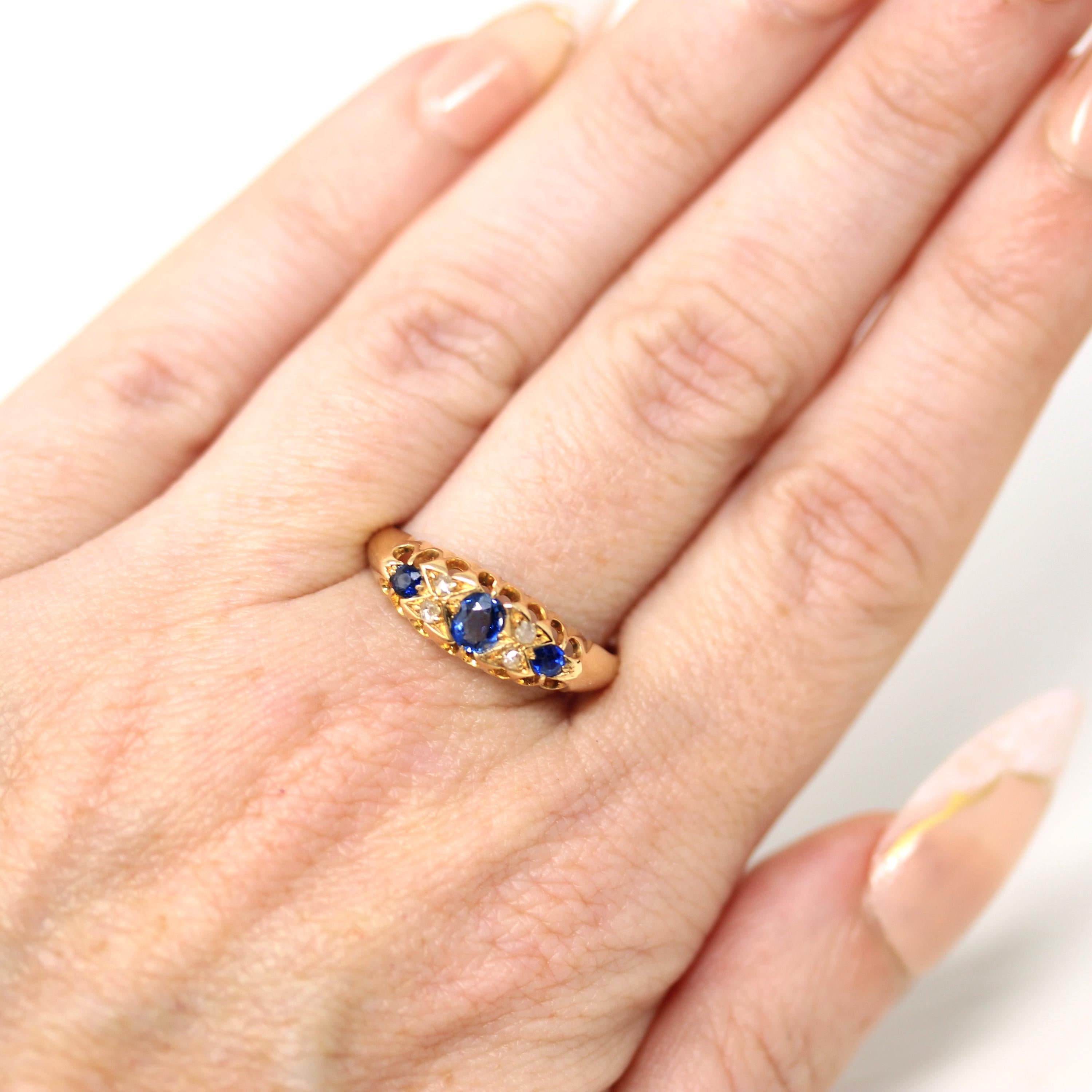Sapphire & Diamond Band - Edwardian 18k Yellow Gold Natural Blue Gems Wedding Ring - Antique Vintage 1910s London Size 8 1/4 Fine Jewelry