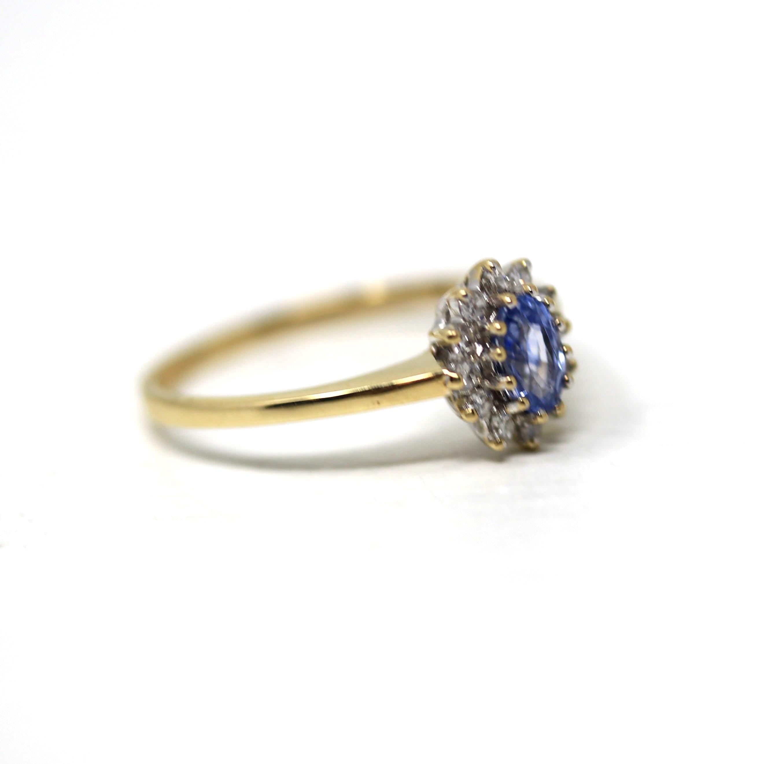 Sapphire & Diamond Halo Ring - Estate 9k Yellow White Gold Light Blue Gem Cluster - Modern Size 5 Petite Dainty Engagement Y2K Fine Jewelry