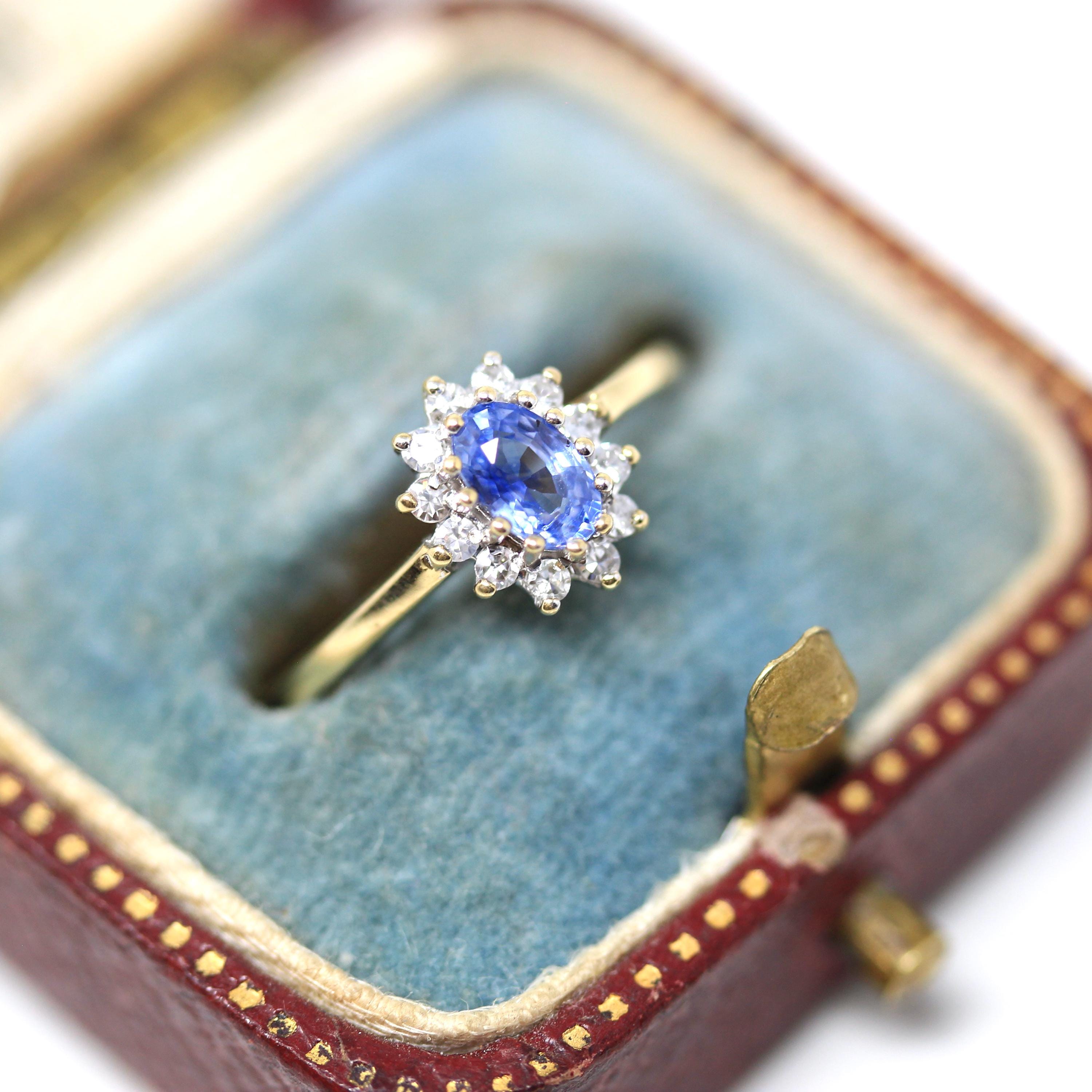 Sapphire & Diamond Halo Ring - Estate 9k Yellow White Gold Light Blue Gem Cluster - Modern Size 5 Petite Dainty Engagement Y2K Fine Jewelry