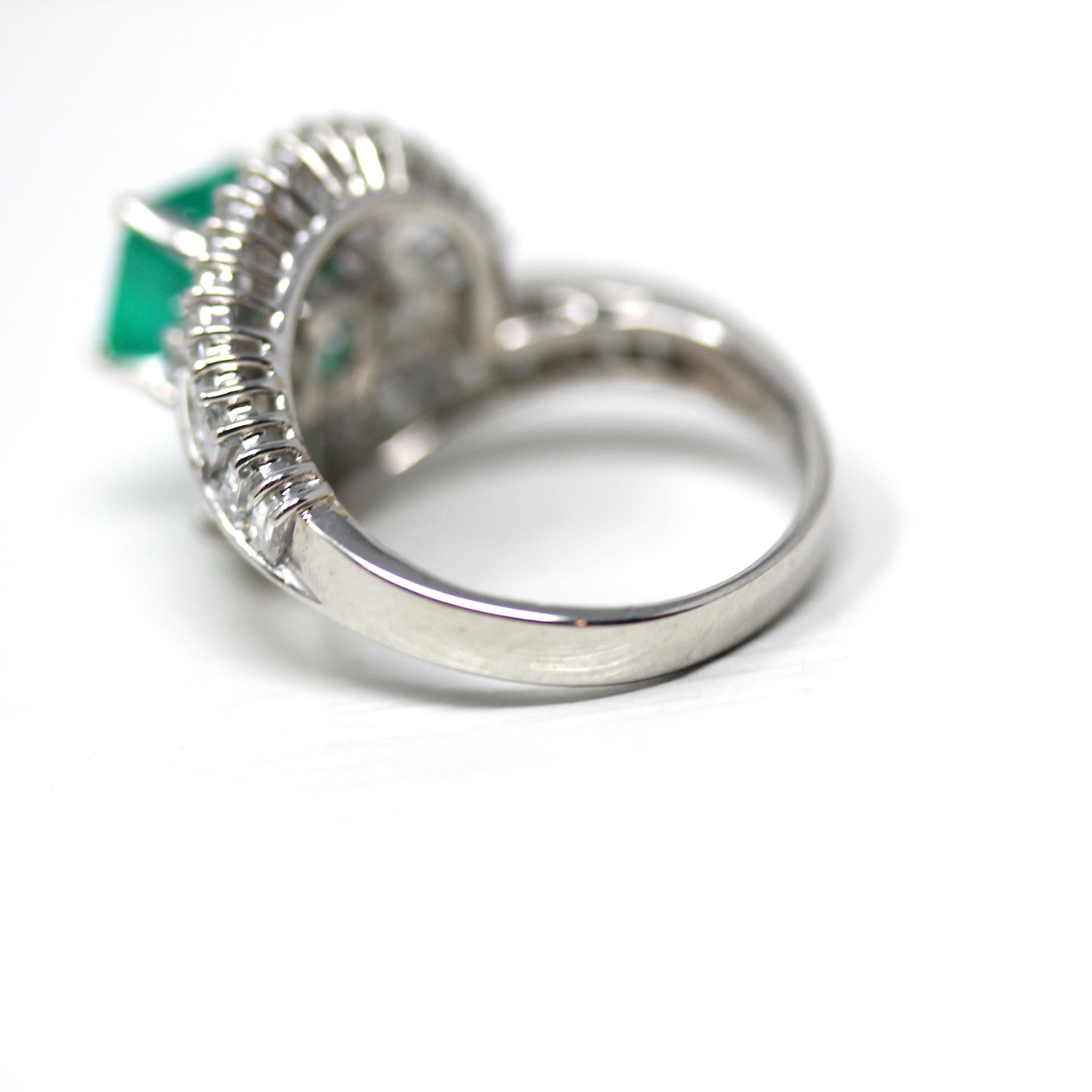 Emerald & Diamond Ring - Estate Platinum 1.68CT Green Square Step Cut Natural Beryl - Vintage Engagement Fine Bypass Baguette Report Jewelry