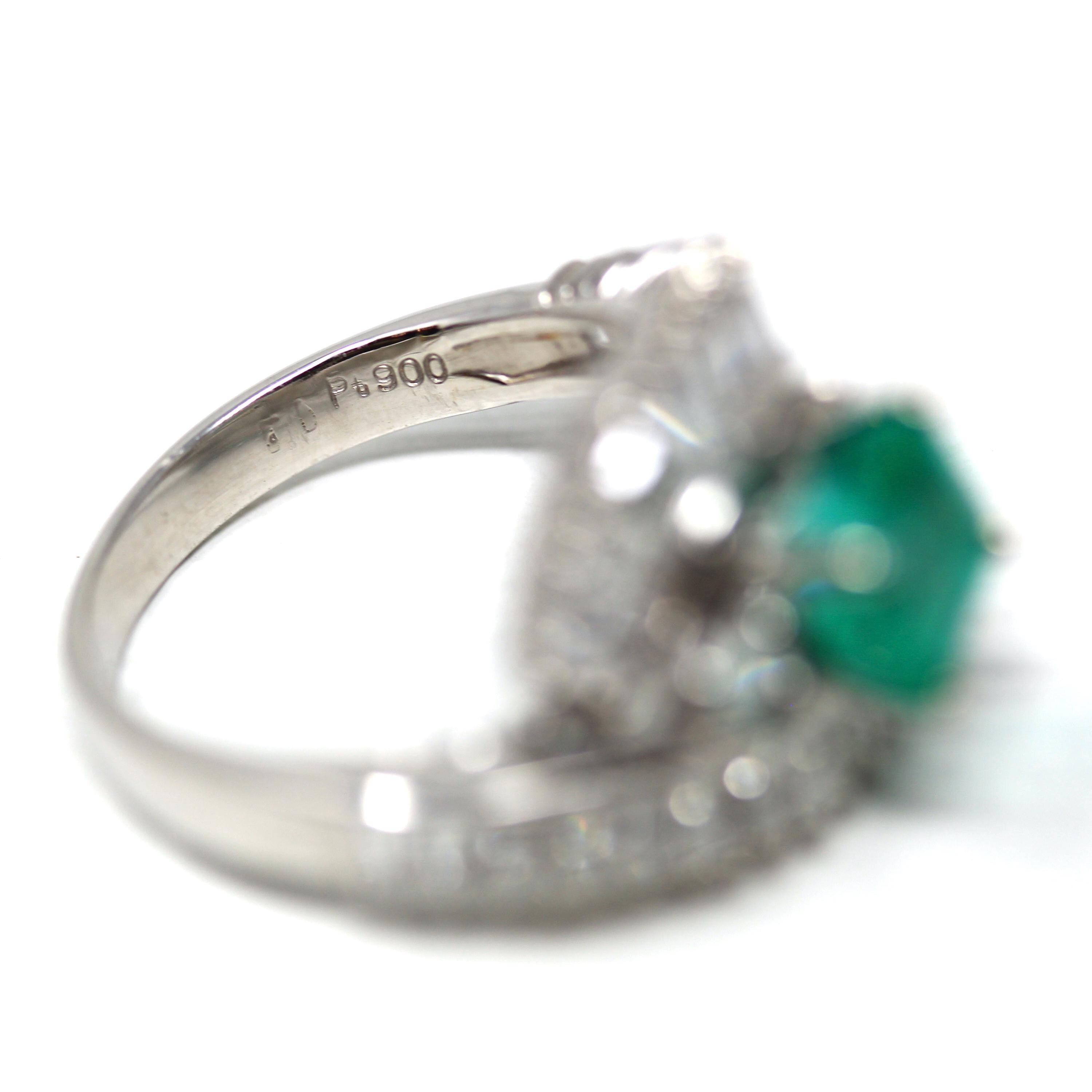 Emerald & Diamond Ring - Estate Platinum 1.68CT Green Square Step Cut Natural Beryl - Vintage Engagement Fine Bypass Baguette Report Jewelry