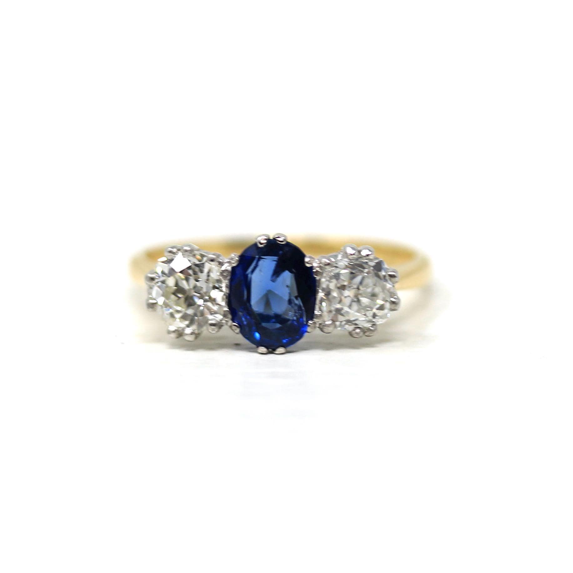 Antique Edwardian Ring - Circa 1910s 18k Yellow Gold & Platinum Old Mine Cut Diamonds Natural Blue Sapphire - Size 5.75 Fine Report Jewelry