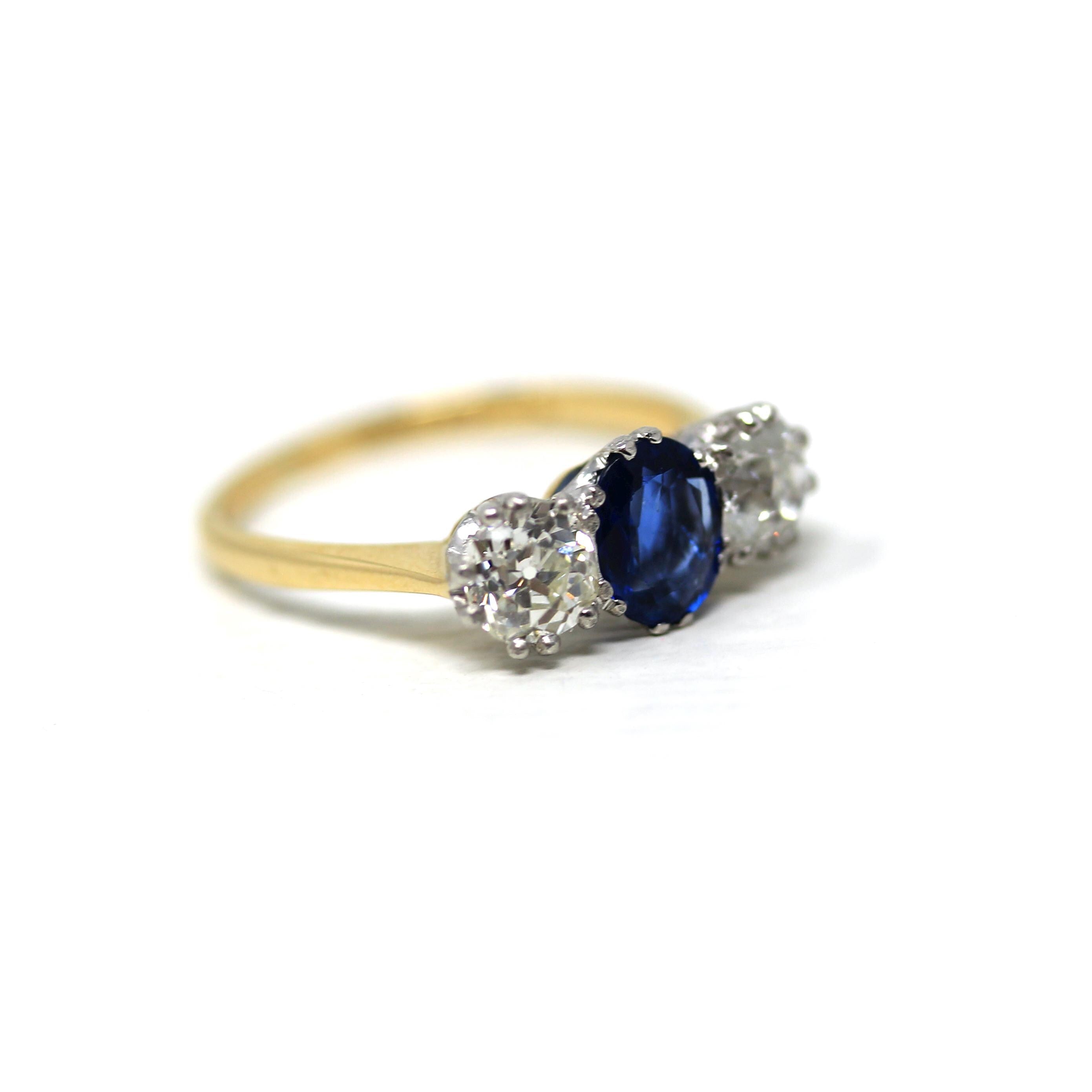 Antique Edwardian Ring - Circa 1910s 18k Yellow Gold & Platinum Old Mine Cut Diamonds Natural Blue Sapphire - Size 5.75 Fine Report Jewelry