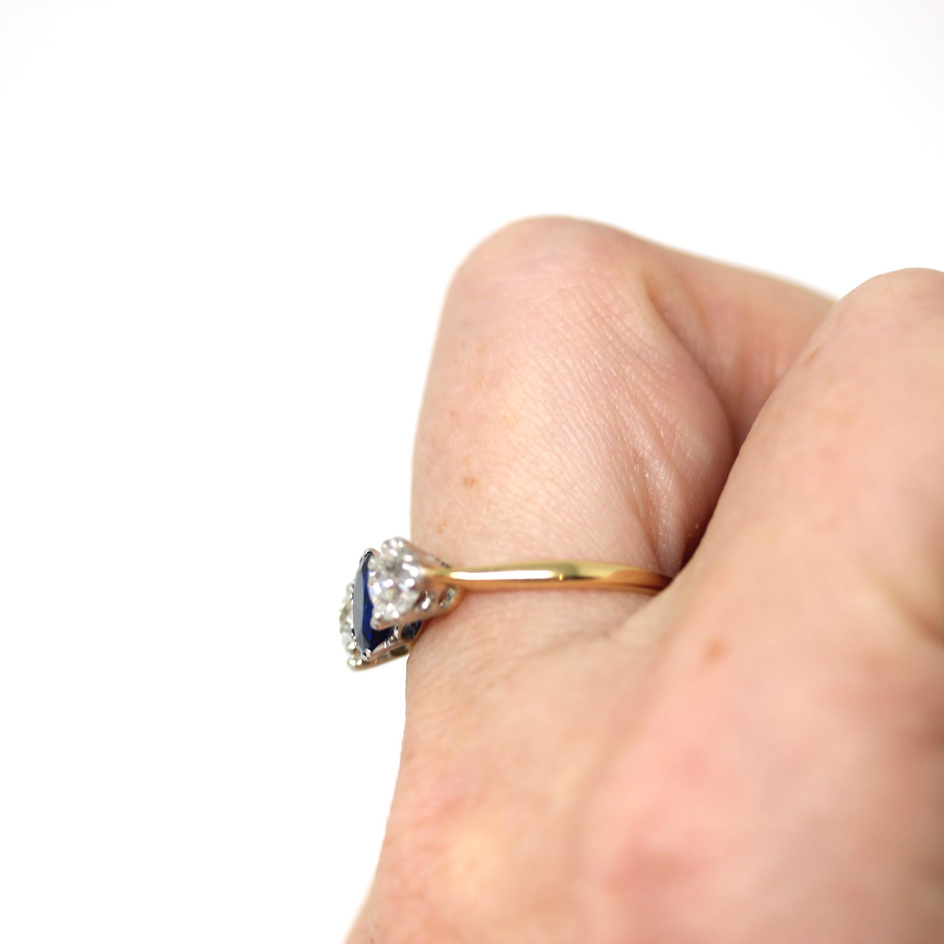 Antique Edwardian Ring - Circa 1910s 18k Yellow Gold & Platinum Old Mine Cut Diamonds Natural Blue Sapphire - Size 5.75 Fine Report Jewelry