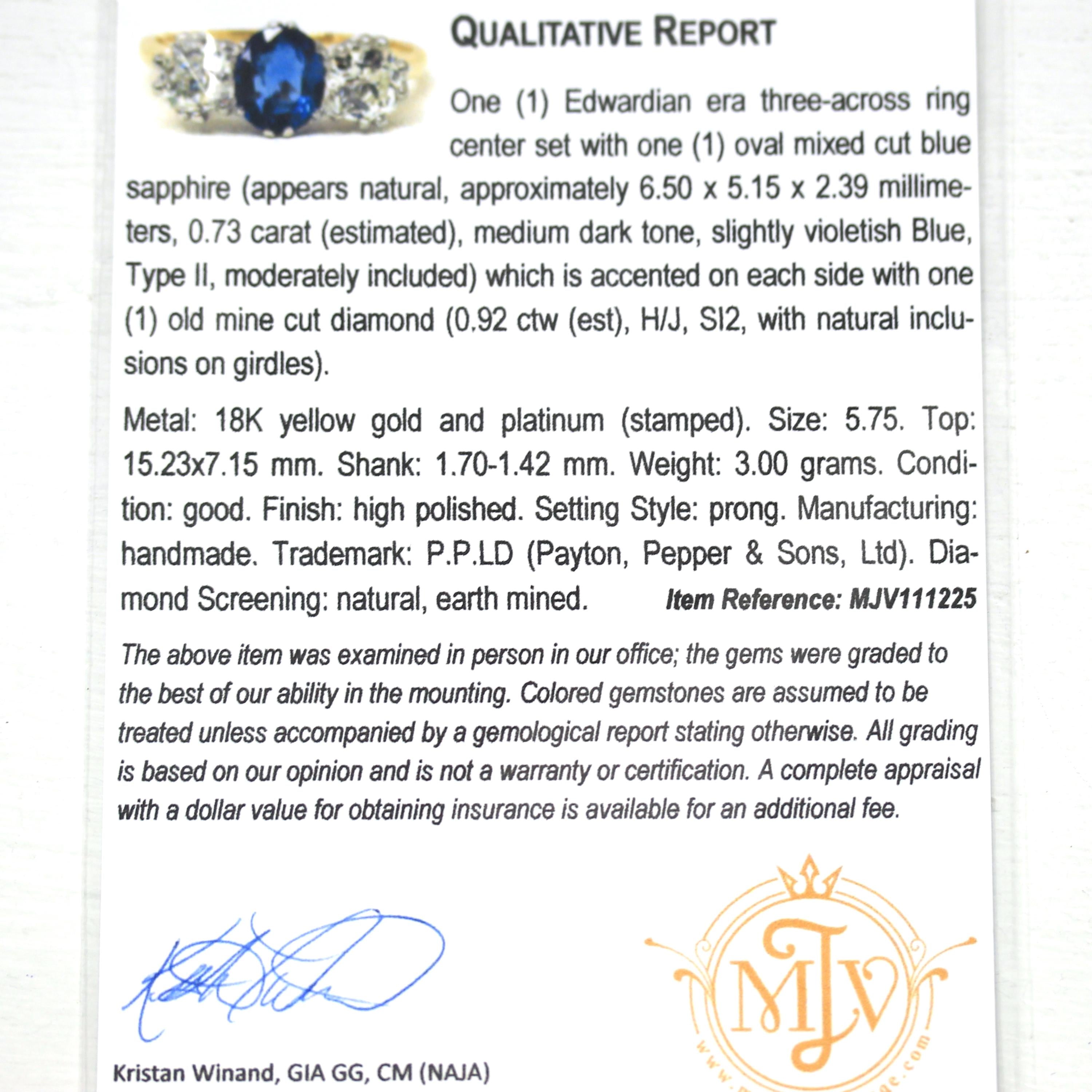 Antique Edwardian Ring - Circa 1910s 18k Yellow Gold & Platinum Old Mine Cut Diamonds Natural Blue Sapphire - Size 5.75 Fine Report Jewelry