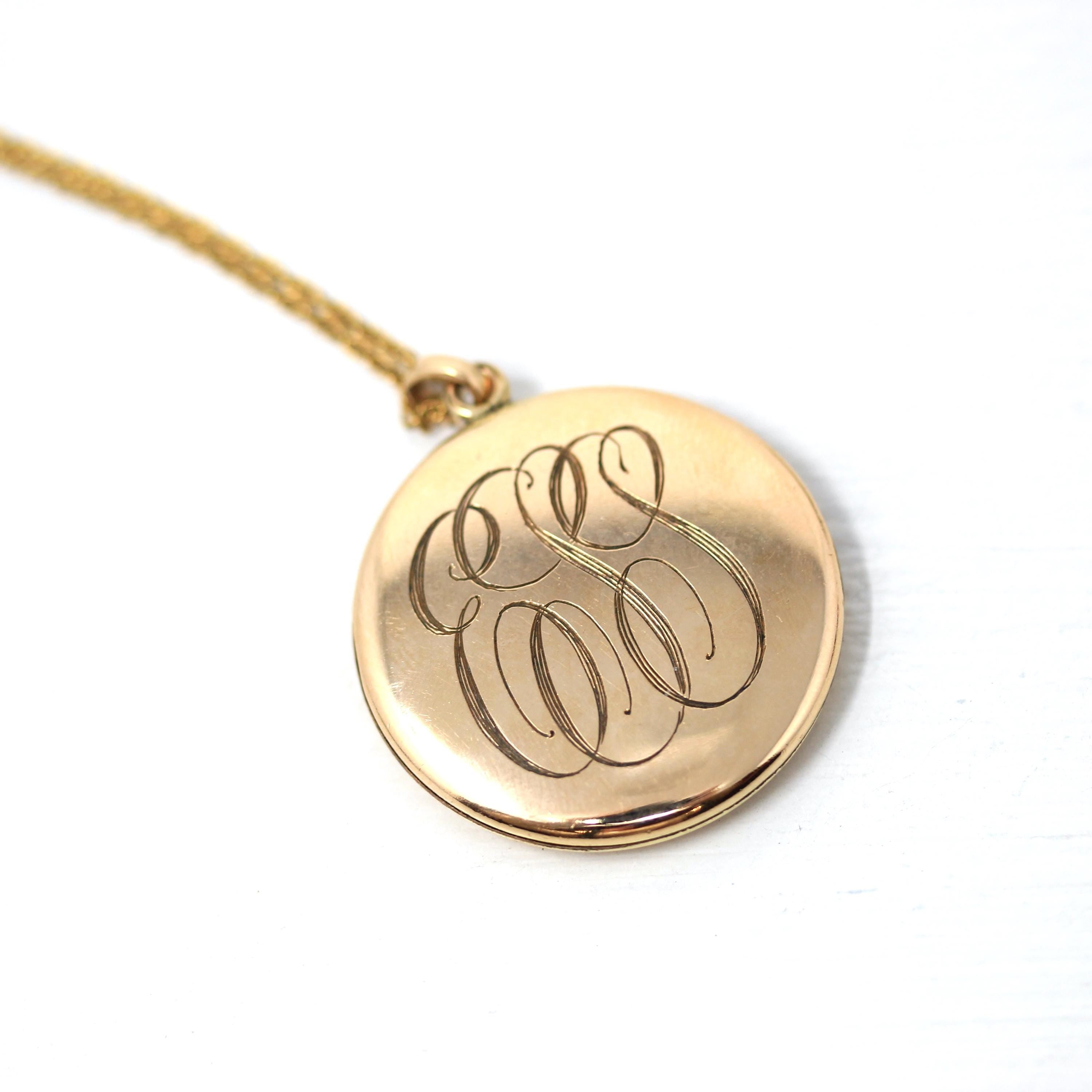 Antique Floral Locket - Vintage Gold Filled Round Flower Motif Pendant Necklace - Edwardian Circa Early 1900s Initial ESJ Photograph Jewelry