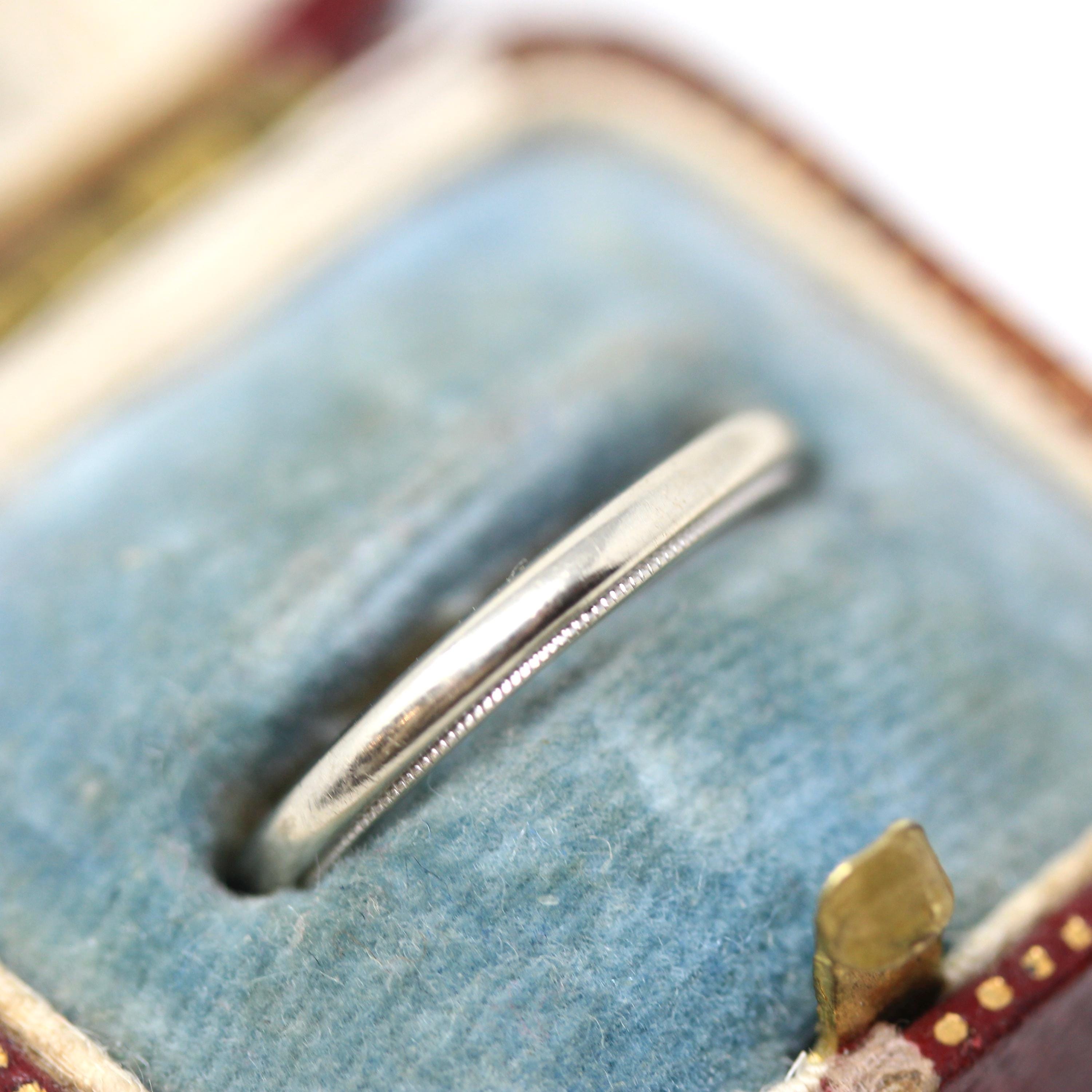 Vintage Wedding Band - Mid Century 14k White Gold Milgrain Plain Stacking Ring with Inscription - Dated 1954 Size 5 1/2 Fine Bridal Jewelry