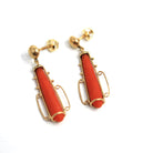 Victorian Coral Earrings - Antique 14k Yellow Cold Natural Calcareous Gemstone Drops - Circa 1890s Era Pierced Fine Etruscan Revival Jewelry
