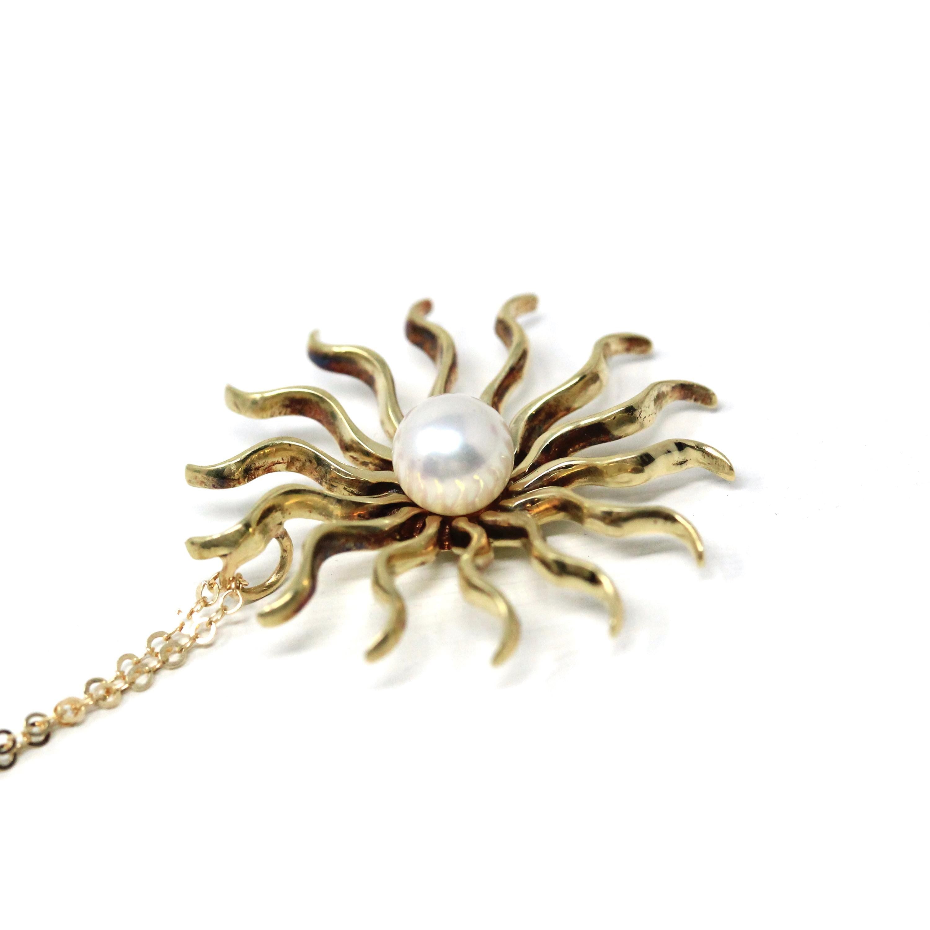 Antique Starburst Necklace - Edwardian 14k Yellow Gold Cultured Pearl Brooch Pendant - Circa 1910s Era Wavy Sun Star Celestial Fine Jewelry