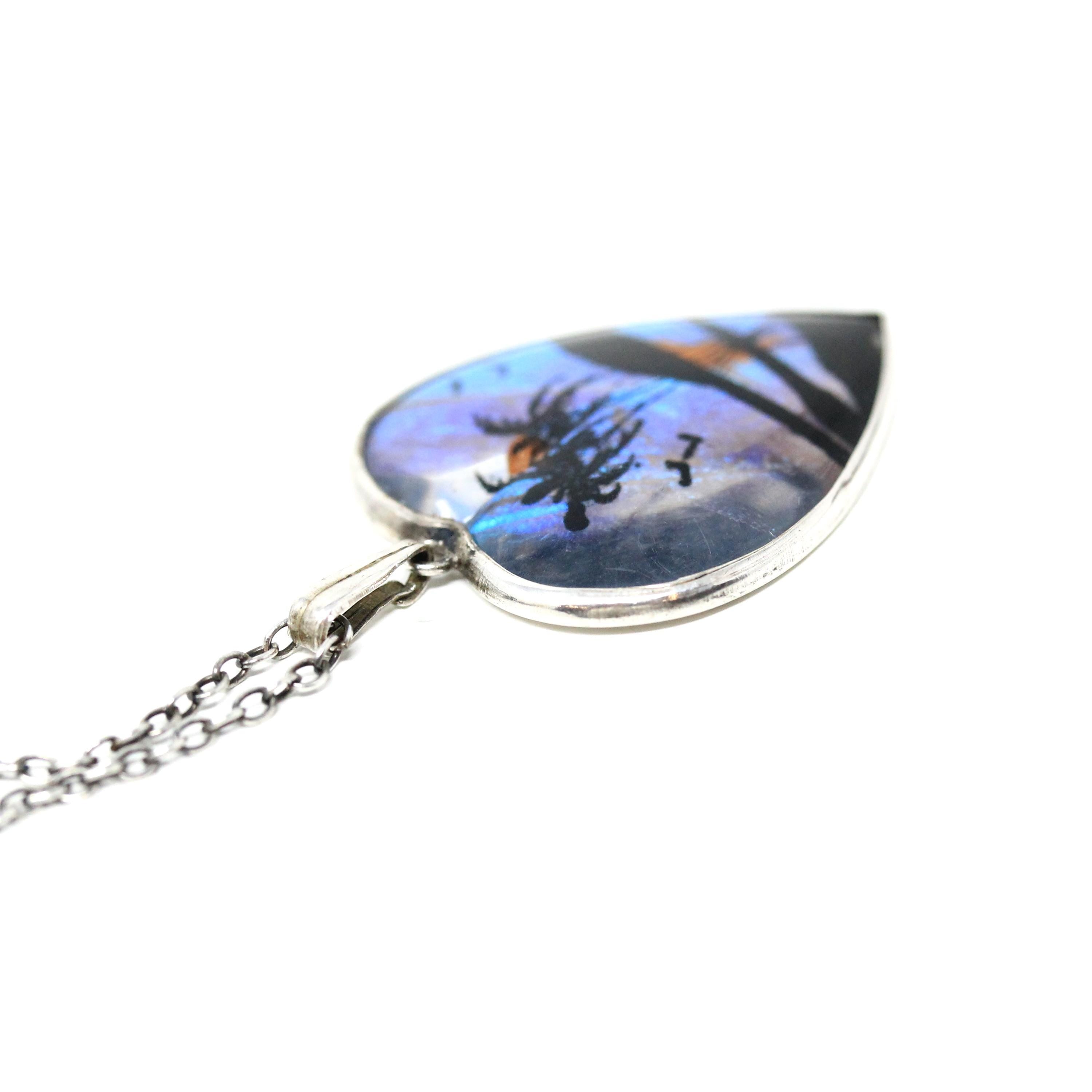 Morpho Butterfly Pendant - Art Deco Sterling Silver Blue Wing Heart Necklace - Vintage Circa 1930s Era Palm Tree Beach Sunset Insect Jewelry
