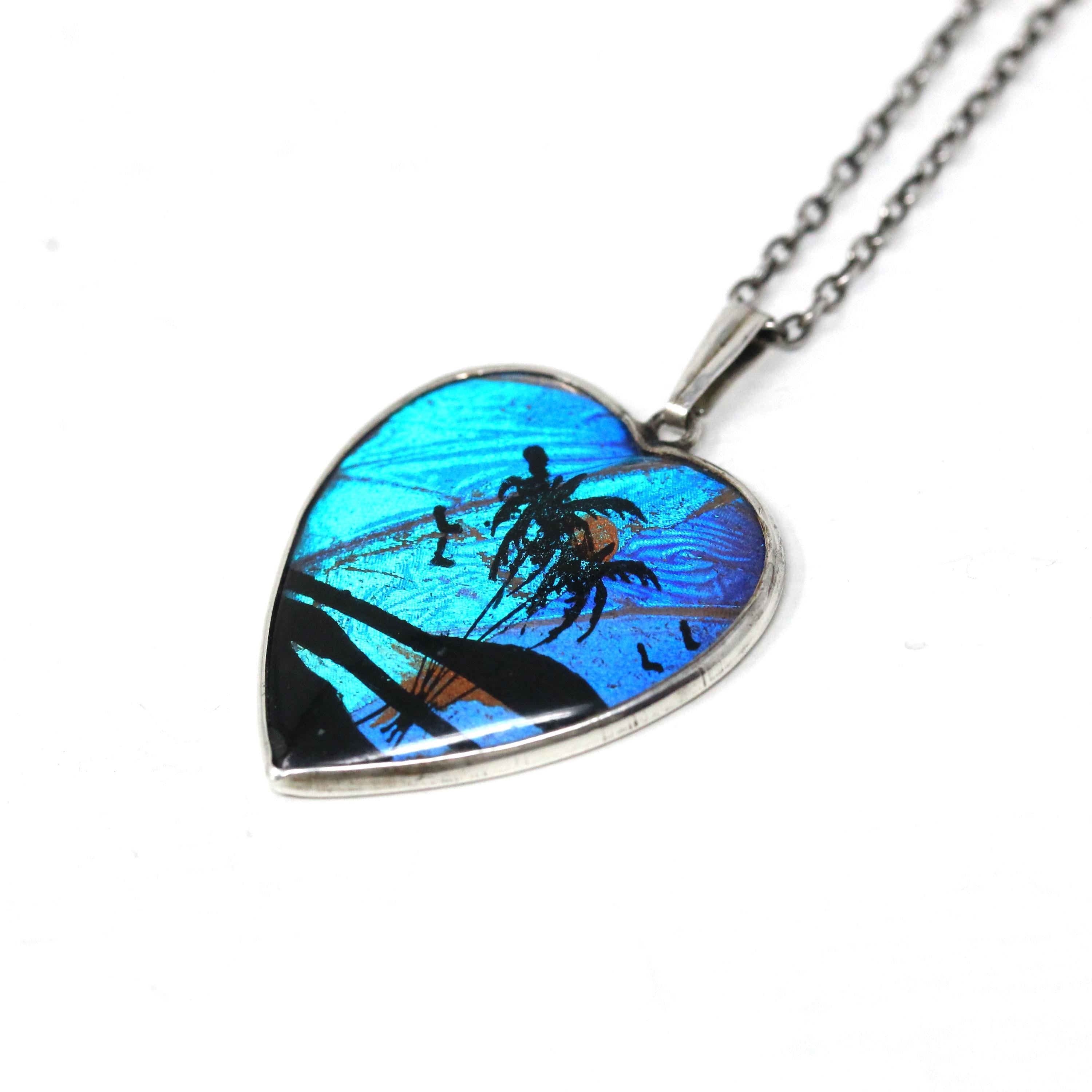 Morpho Butterfly Pendant - Art Deco Sterling Silver Blue Wing Heart Necklace - Vintage Circa 1930s Era Palm Tree Beach Sunset Insect Jewelry