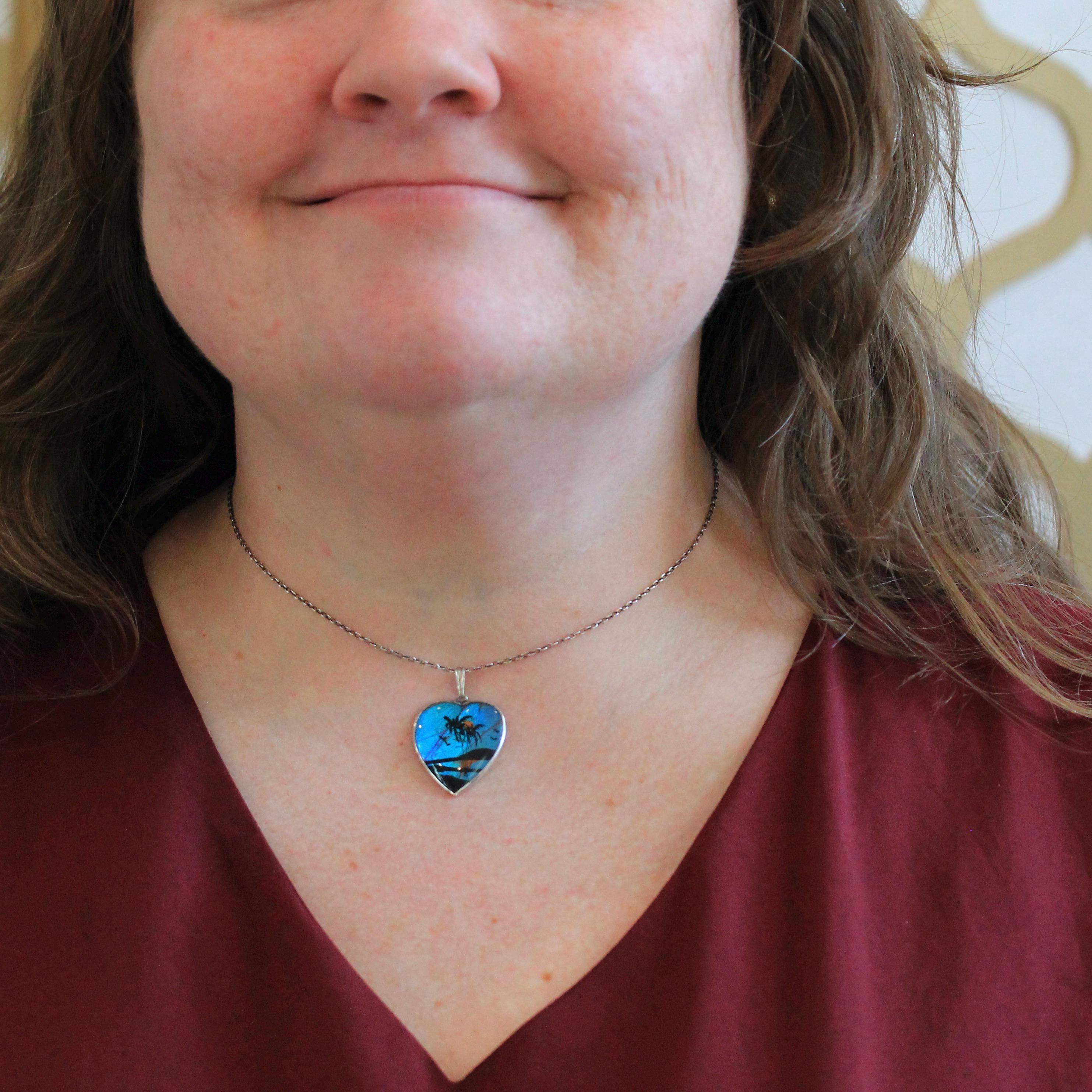 Morpho Butterfly Pendant - Art Deco Sterling Silver Blue Wing Heart Necklace - Vintage Circa 1930s Era Palm Tree Beach Sunset Insect Jewelry