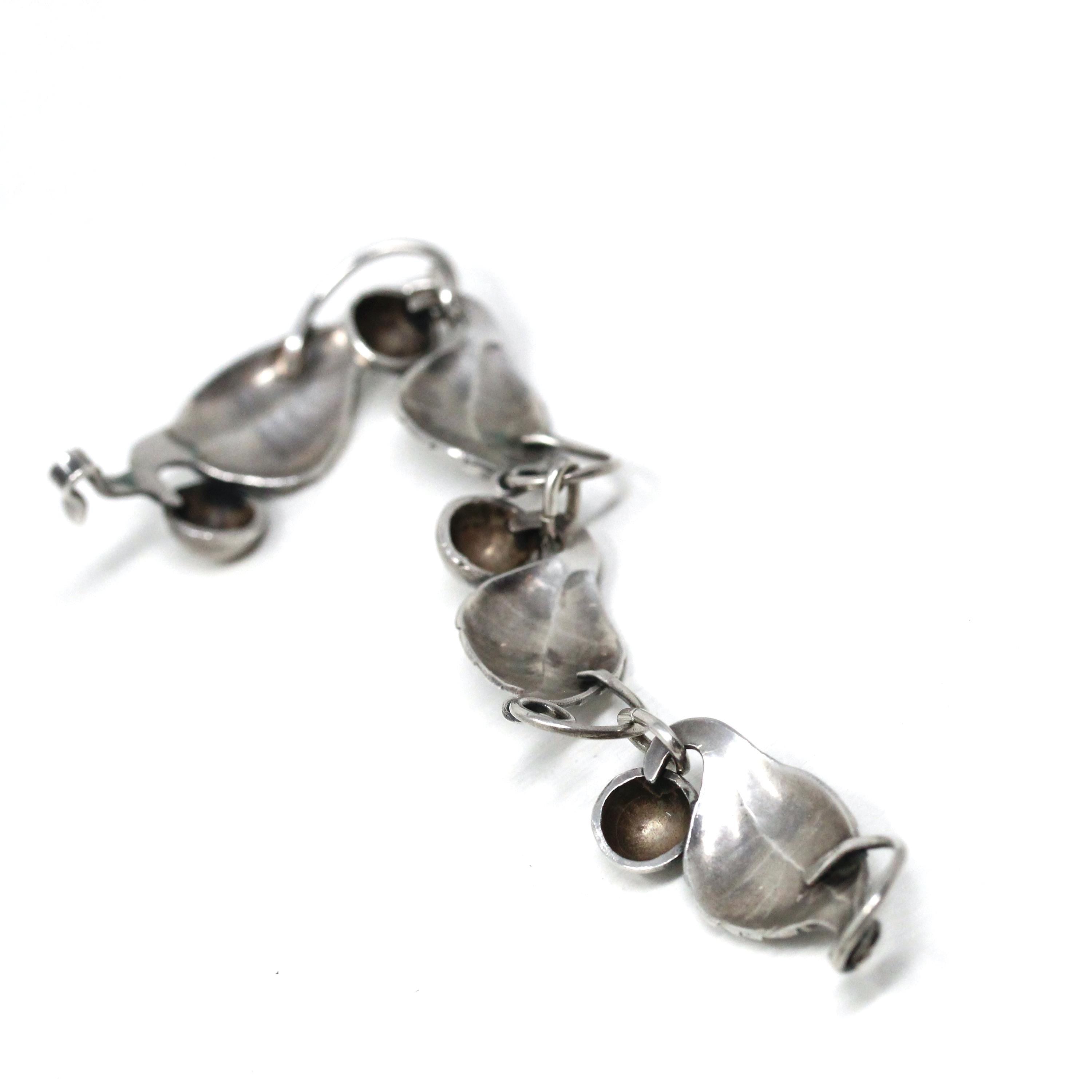 Vintage Leaf Bracelet - Retro Sterling Silver Berries Nature Inspired Panels Statement - Circa 1960s Era Fashion Accessory 60s Jewelry