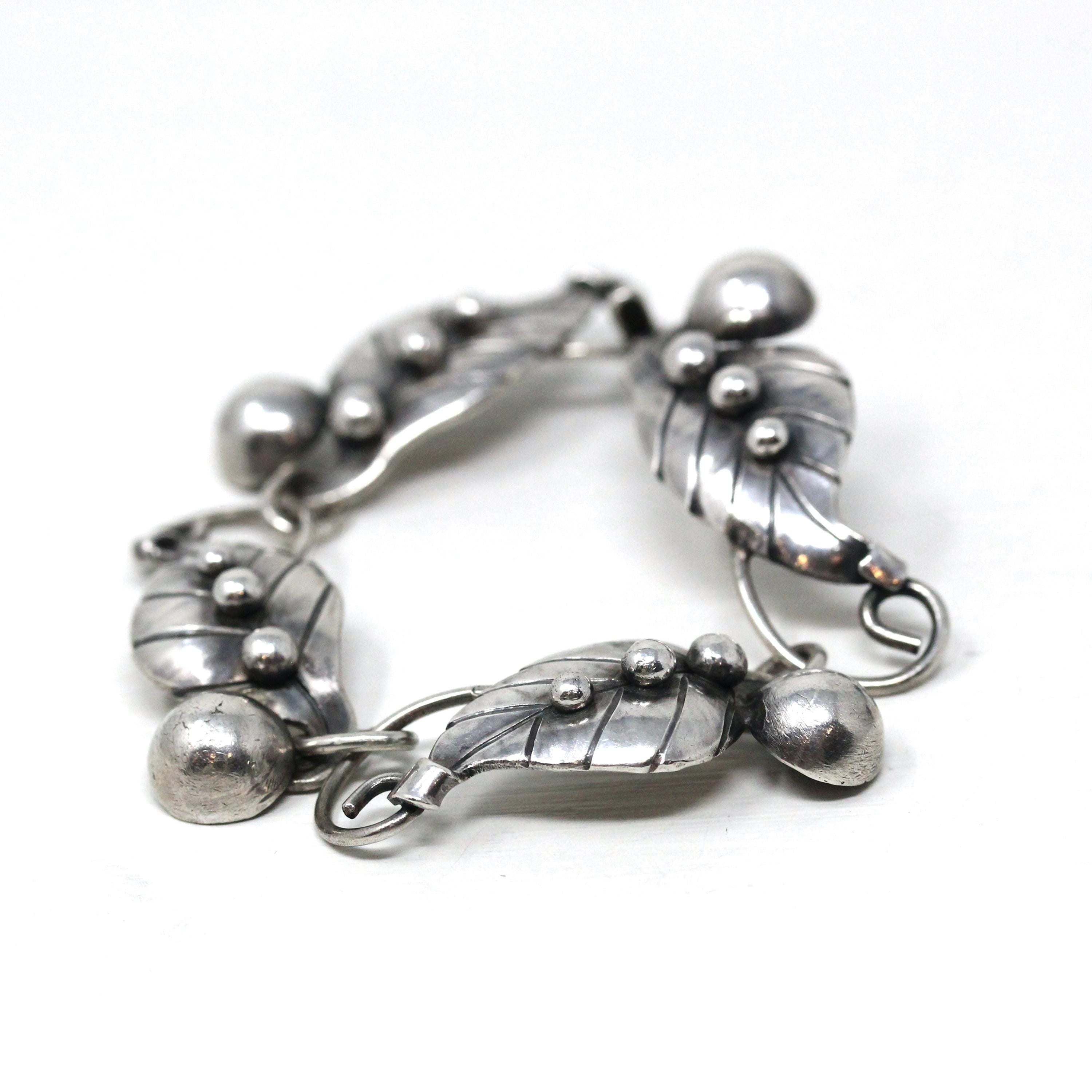 Vintage Leaf Bracelet - Retro Sterling Silver Berries Nature Inspired Panels Statement - Circa 1960s Era Fashion Accessory 60s Jewelry