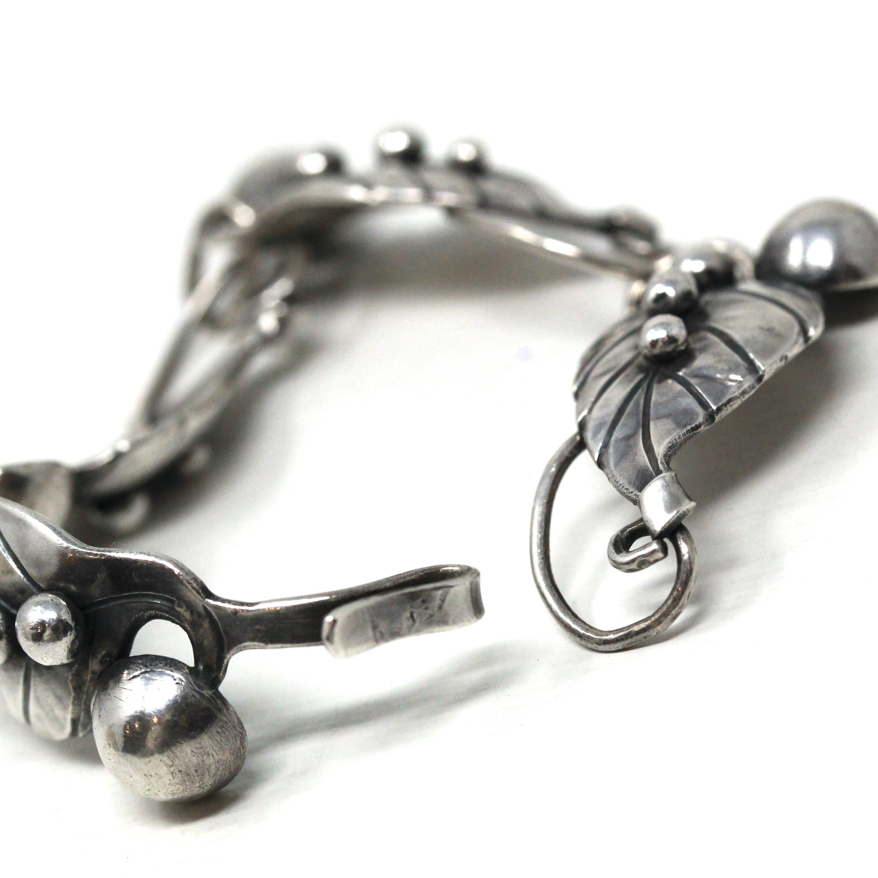 Vintage Leaf Bracelet - Retro Sterling Silver Berries Nature Inspired Panels Statement - Circa 1960s Era Fashion Accessory 60s Jewelry